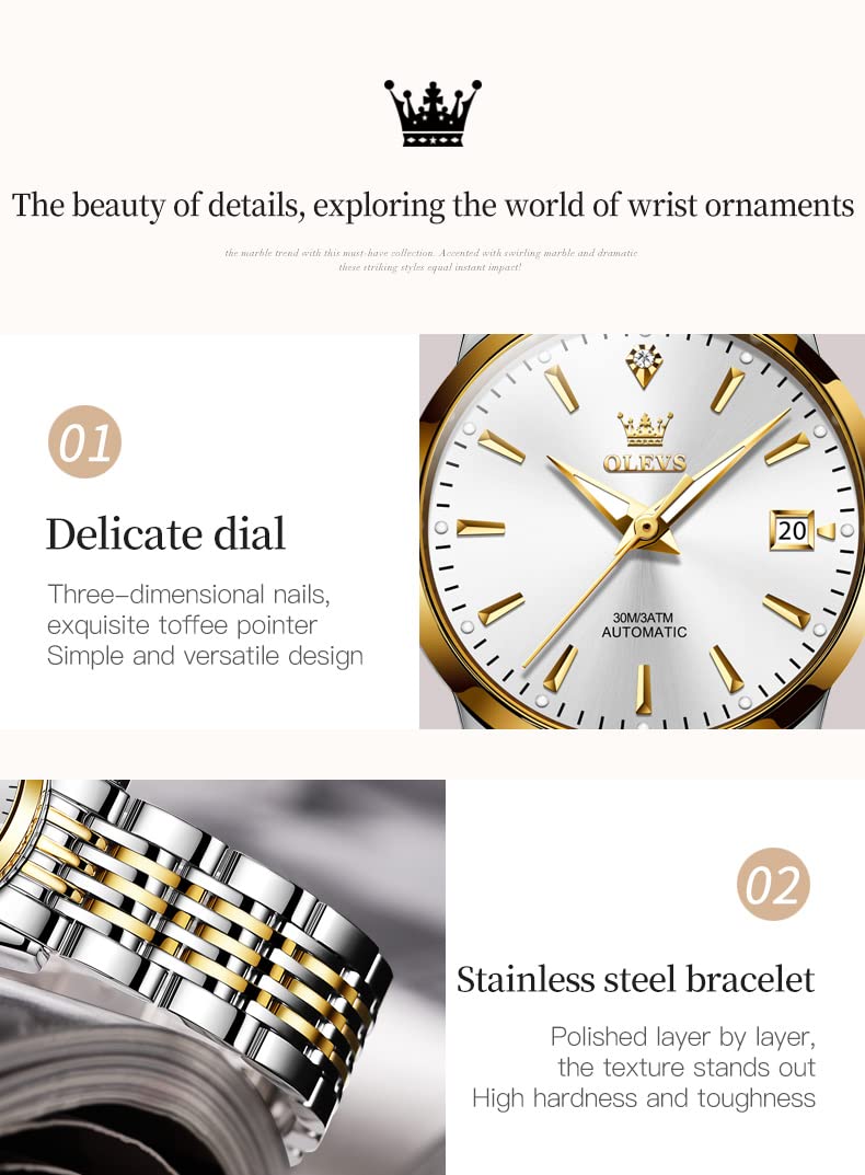 OLEVS Automatic Mechanical Self-Winding Couple Watches Set - Matching His & Hers Dress Watches for Anniversary, Wedding & Valentine's Day Gifts - Perfect for Formal Events, Date Nights & Special Occasions