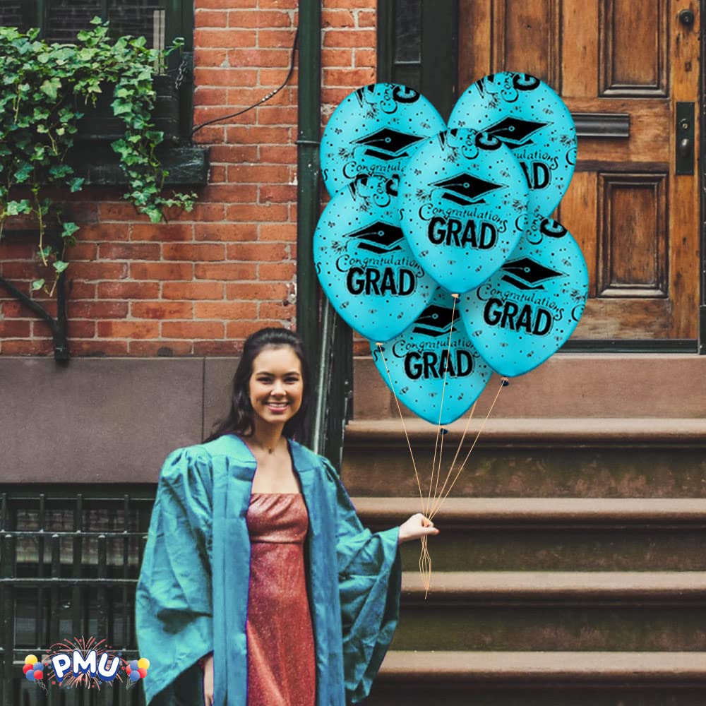 PMU Premium Turquoise Graduation Balloon with All-Over Print Black Graduation Caps - Confetti & Streamers | 100-Pack Latex Balloons for Graduation Parties | Perfect for Graduation Decorations, Photo Backdrops & School Celebration Events