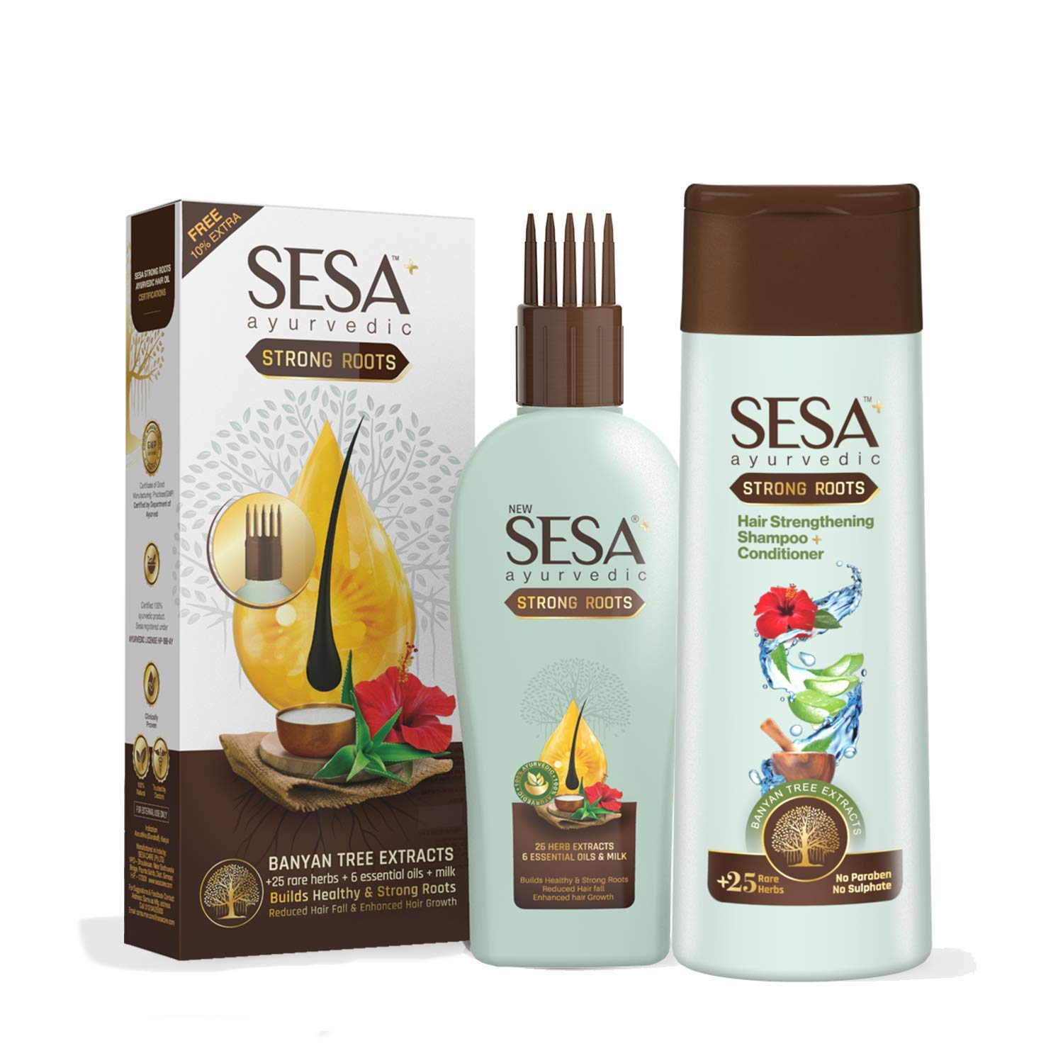 SESA Ayurvedic Strong Roots Hair Care Combo - Hair Strengthening Oil (100ml) & Shampoo + Conditioner (200ml) for Men & Women | Paraben-Free, Sulfate-Free | Promotes Hair Growth & Reduces Hair Fall | Perfect for Daily Hair Care & Scalp Nourishment