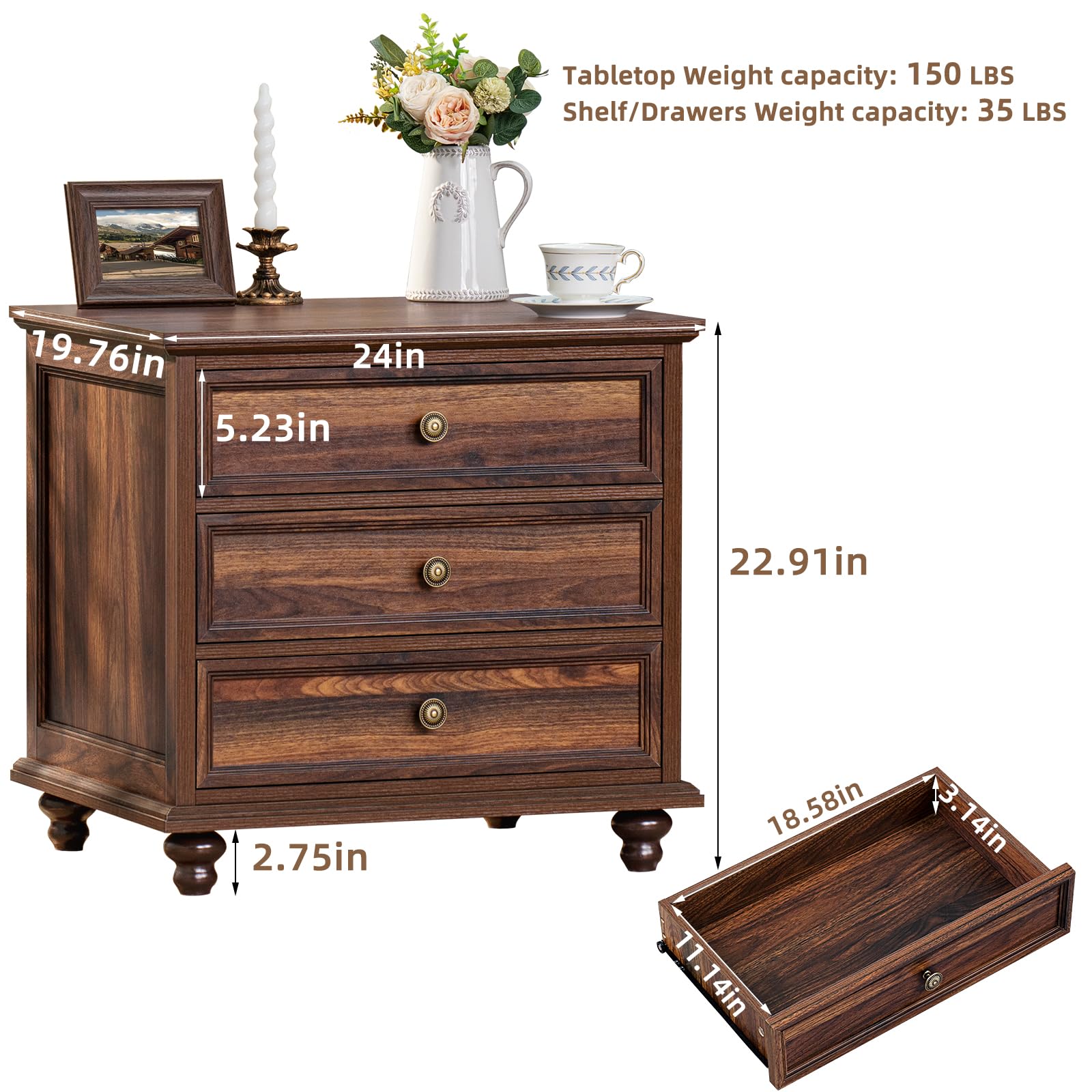 Farmhouse Dresser and Nightstand Set - 3 Piece Bedroom Furniture with 7-Drawer Dresser (54