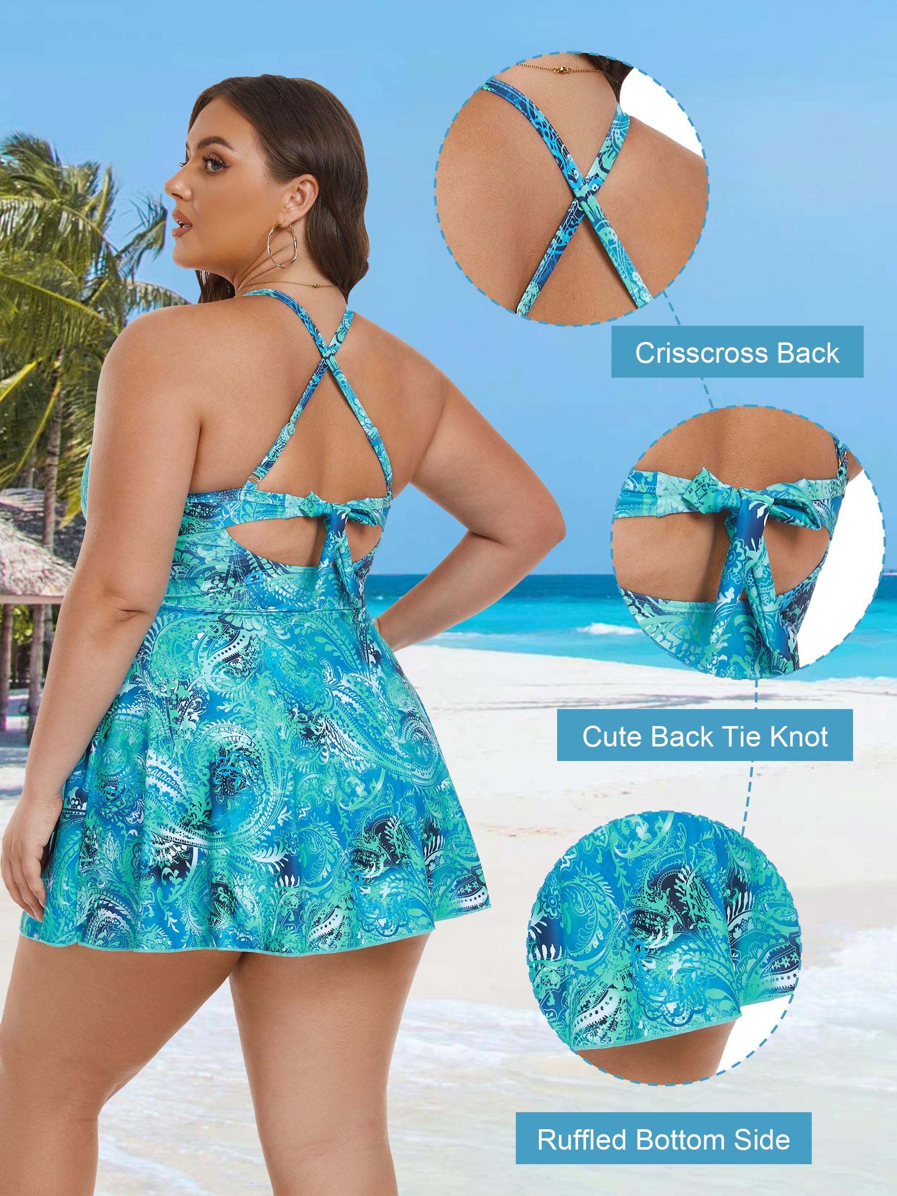 AOVDE Plus Size Women's Swimsuits 2-Piece Tankini Swim Dress with Shorts - Flowy Bathing Suit for Beach, Pool & Vacation