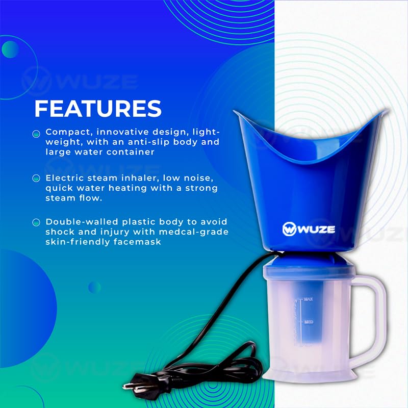 Wuze 3-in-1 Steamer for Cold, Cough & Nasal Congestion Relief - Facial Steamer, Vaporizer & Steam Inhaler for Adults & Kids (Blue) - Perfect for Home, Travel & Office Use