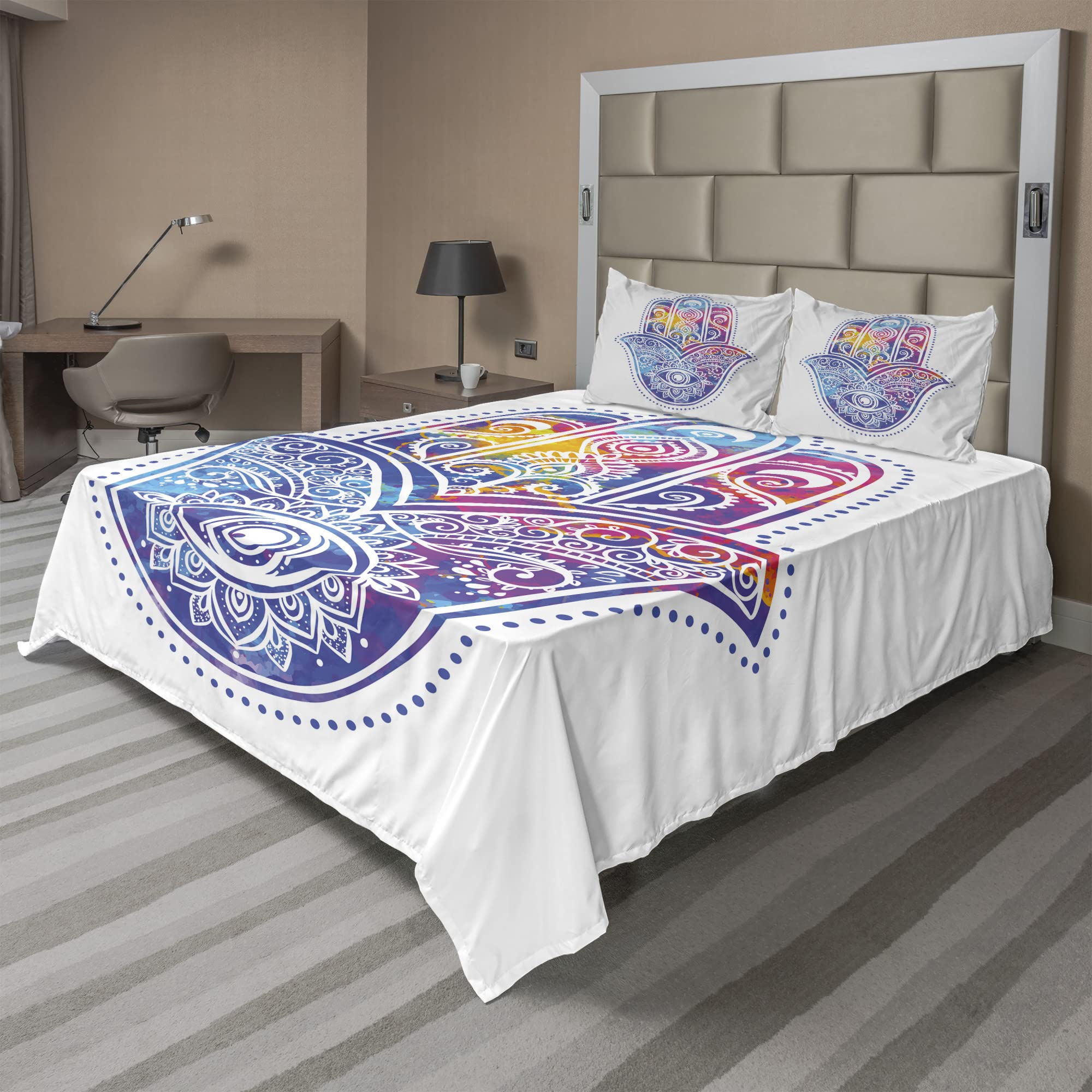 Ambesonne Hamsa King Size 4-Piece Sheet Set - Vibrant Watercolor Eye Protection Design in Aqua Pink & Purple - Fitted & Flat Sheets with Pillowcases - Perfect for Bedroom Decor, Guest Rooms & Boho Style Homes