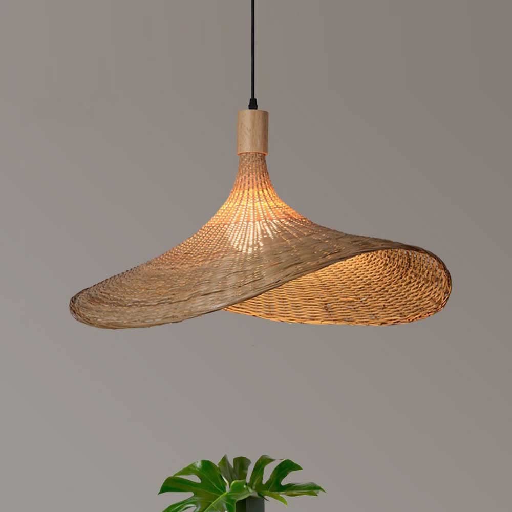 CHENKUI Vintage Bamboo Woven Pendant Lamp - Handmade Wicker Hat-Shaped Ceiling Light Fixture with Rattan Hollow Design for Living Room, Bedroom, Restaurant | Perfect Boho Home Decor & Cozy Ambient Lighting