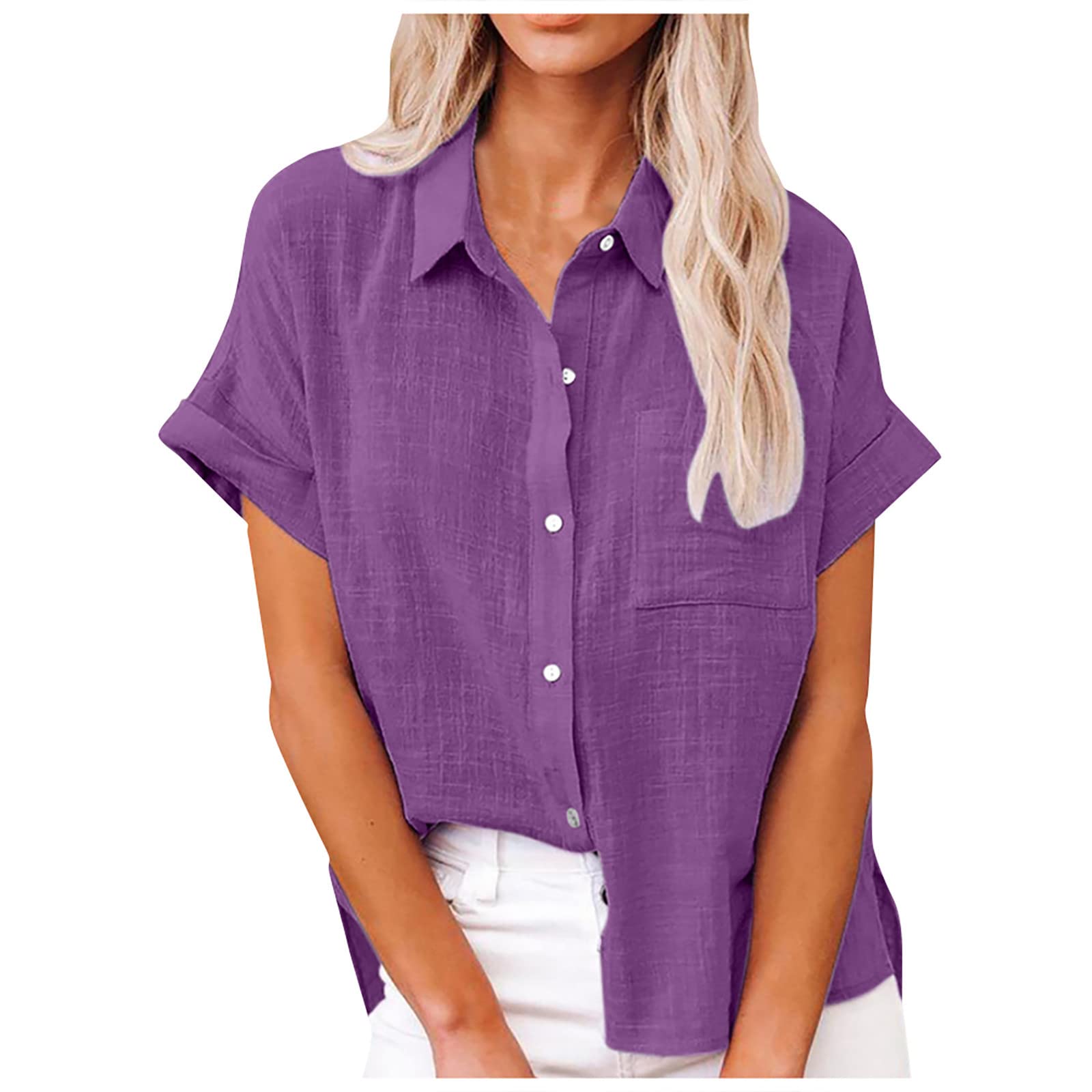Women's Linen Button Down Blouse - Lapel V Neck Tunic Top with Cap Sleeves | Loose Fit Casual Shirt for Women | Perfect for Office, Summer Outfits & Beach Cover-Ups