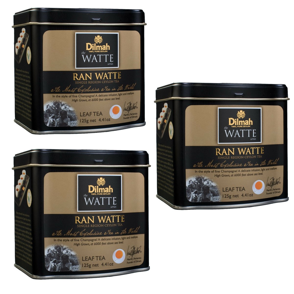 Premium Dilmah Ran Watte Single Region Pure Ceylon Loose Leaf Black Tea - 125g (4.41oz) Tin Caddy x 3 Pack - Perfect for Afternoon Tea, Gifts & Tea Ceremonies