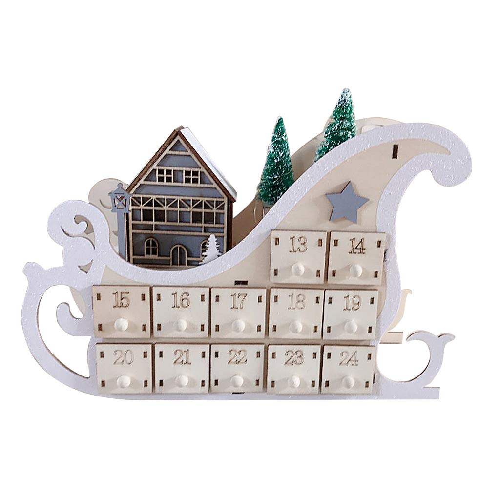 Xiaolimend Wooden Advent Calendar with 24 Drawers & LED Lights - Christmas Tree House Sleigh Countdown Decor for Holiday Parties, Home & Office Decoration