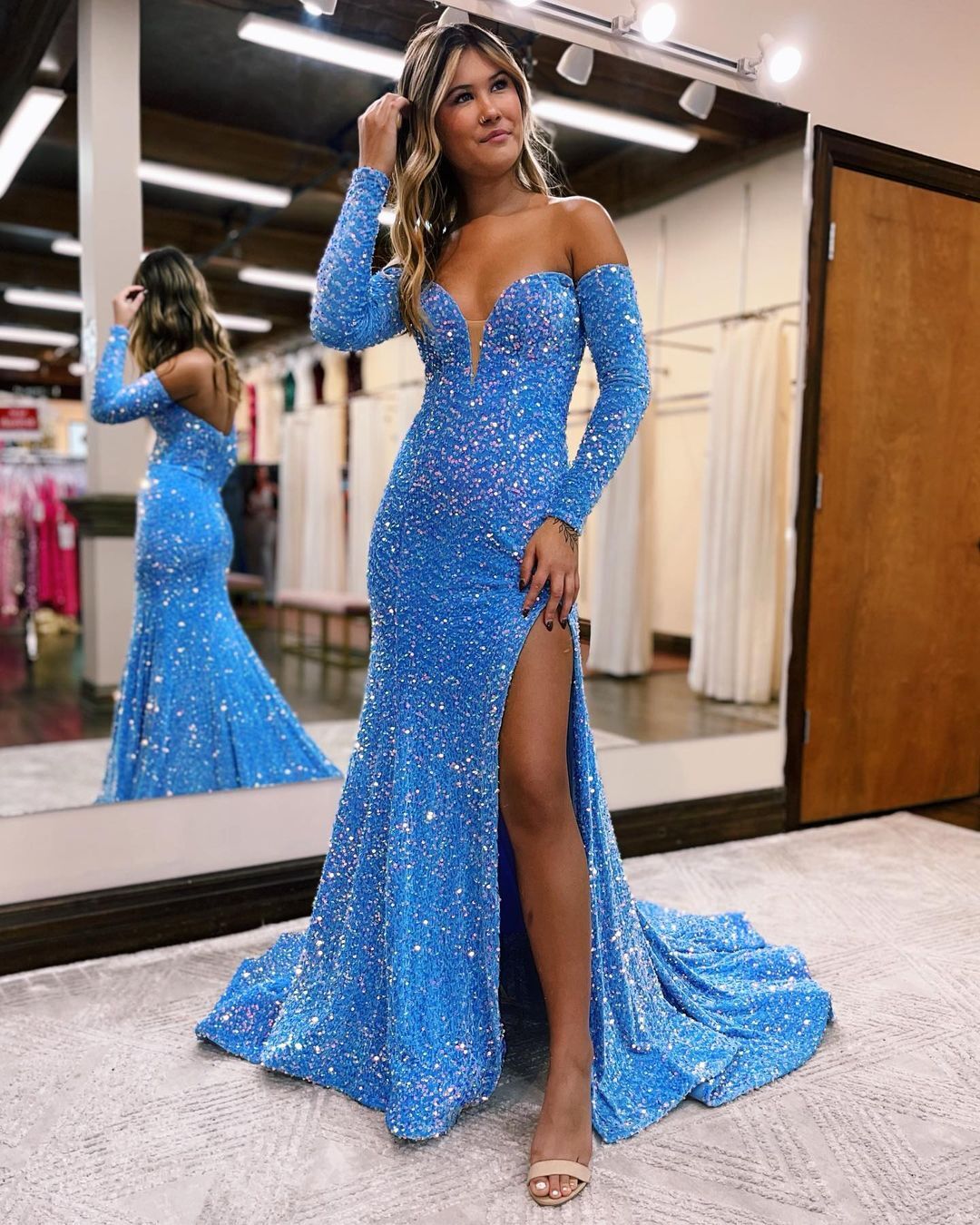 Elegant Blue Sequin Mermaid Prom Dress with High Slit - Formal Evening Gown for Homecoming, Pageant & Special Occasions - Style J3027