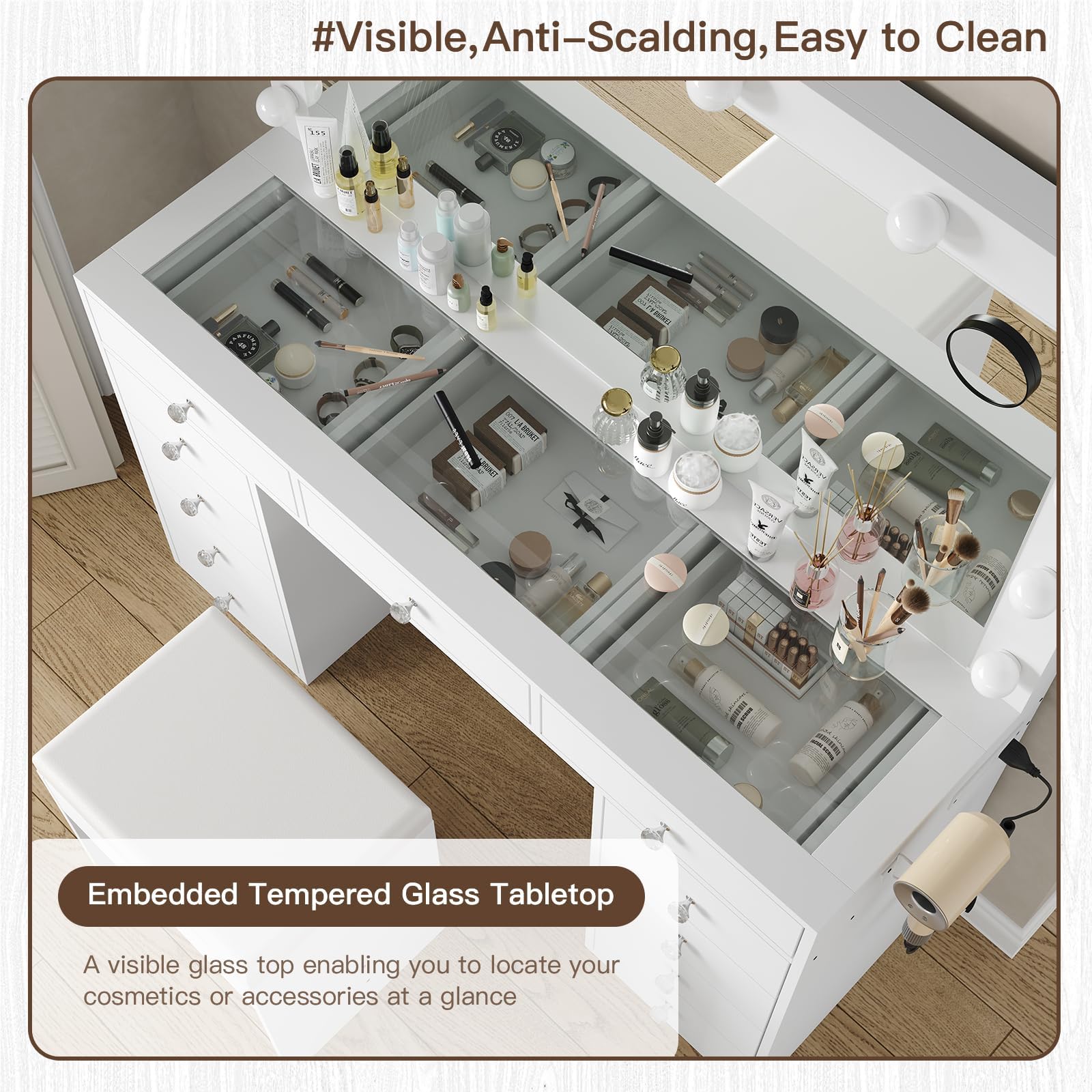 Vanity Desk with Power Outlet & LED Lights - Makeup Vanity Table with Mirror, 11 Drawers & Adjustable Brightness (3 Lighting Modes) - Includes Chair - Perfect for Bedroom, Dressing Room & Beauty Salon (White)