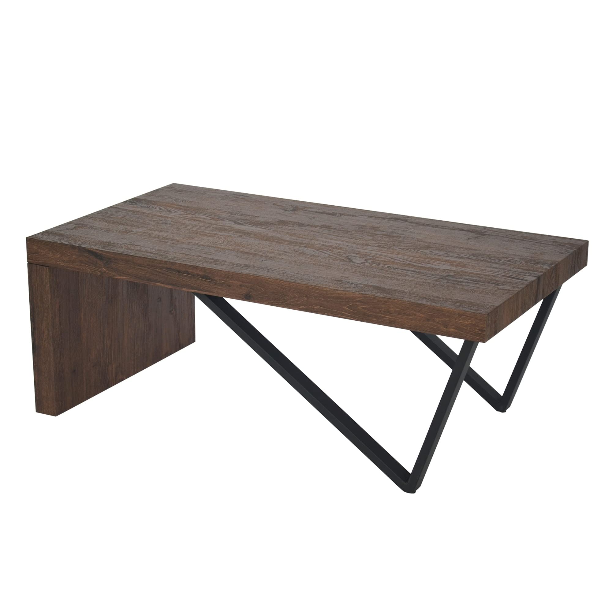 Modern Rectangular Wooden Coffee Table with V-Shaped Legs - Natural Brown & Black MDF Top with Metal Finish - Perfect for Living Room, Lounge, or Office Decor