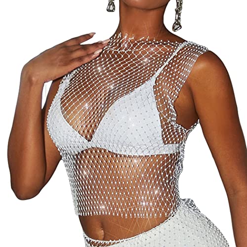 Sparkly Rhinestone Mesh Crop Top with Crystal Body Chain - White Glittery Bikini Bra for Women & Girls - Perfect for Rave, Festival, Beach Party & Bachelorette Accessories