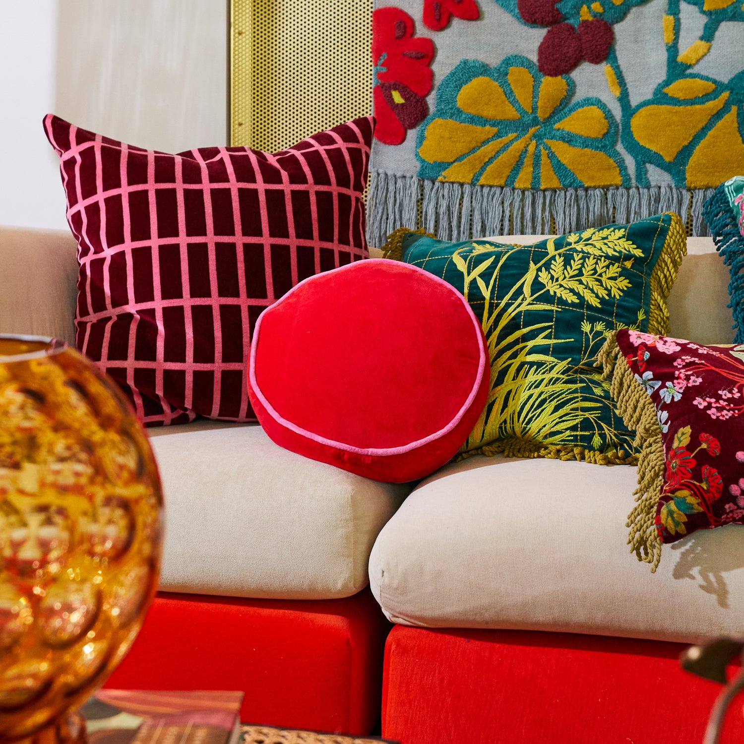 Castillo Round Velvet Cushion - Soft Scarlet Red Pillow Cover for Sofa, Bed, Chair - Home Decor & Living Room Accessories