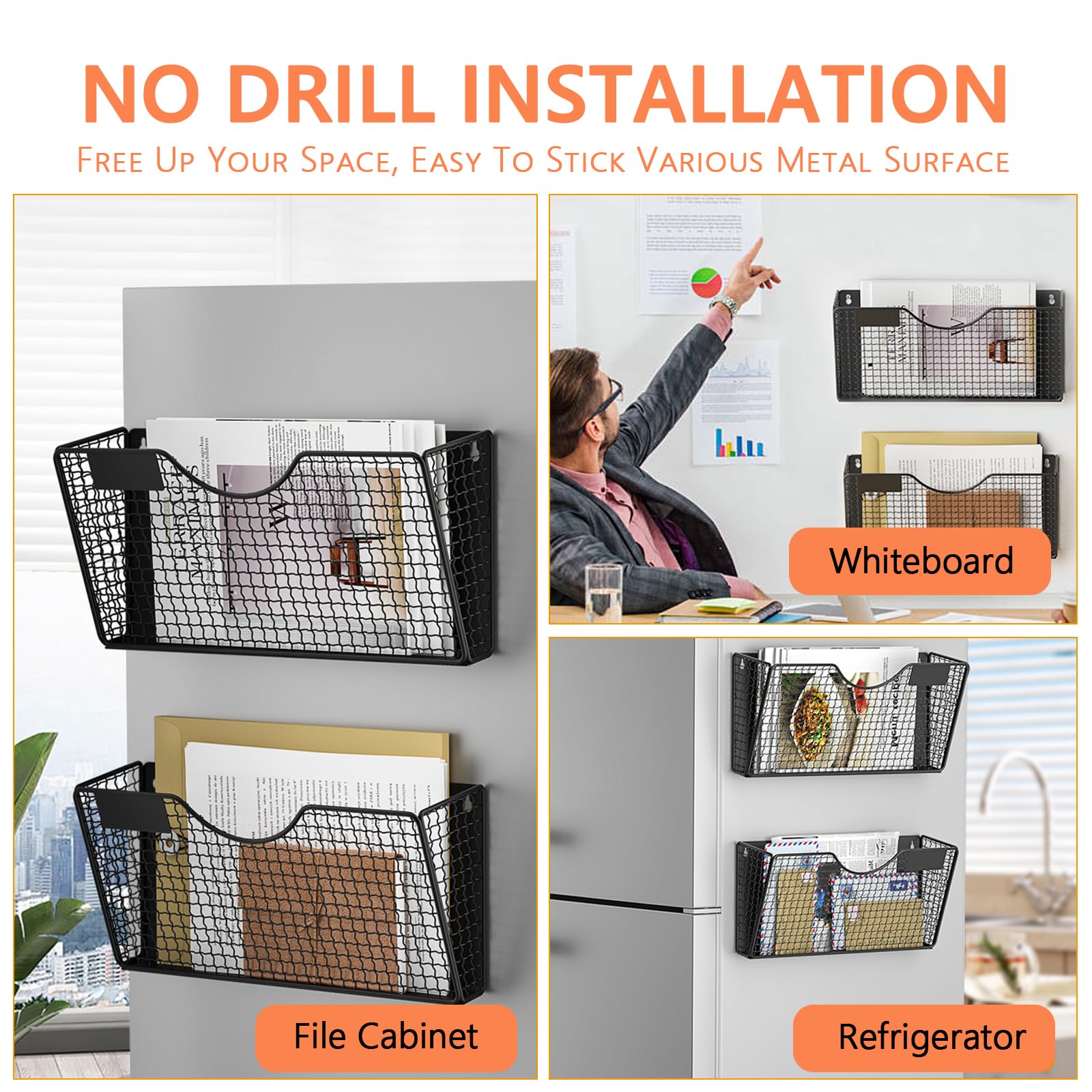 MFTEK Magnetic File Holder - 2-Pocket No Drill Magnetic Folder Organizer for Papers, Mail, Magazines - Wall & Fridge Mount Storage Rack for Office, Classroom, Kitchen & Home Organization