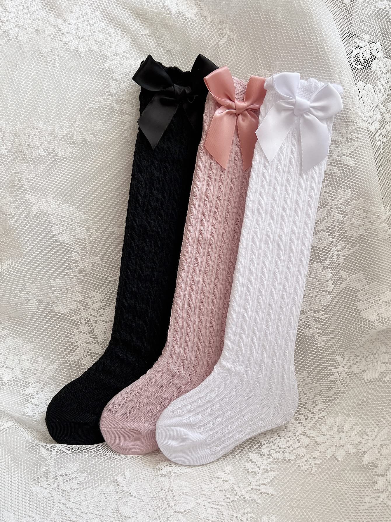 OYOANGLE Girls' 3-Pair Knee High Socks with Bow - Cute Over-the-Calf Stockings for Kids - Perfect for School Uniforms, Winter Outfits & Dress-Up Play