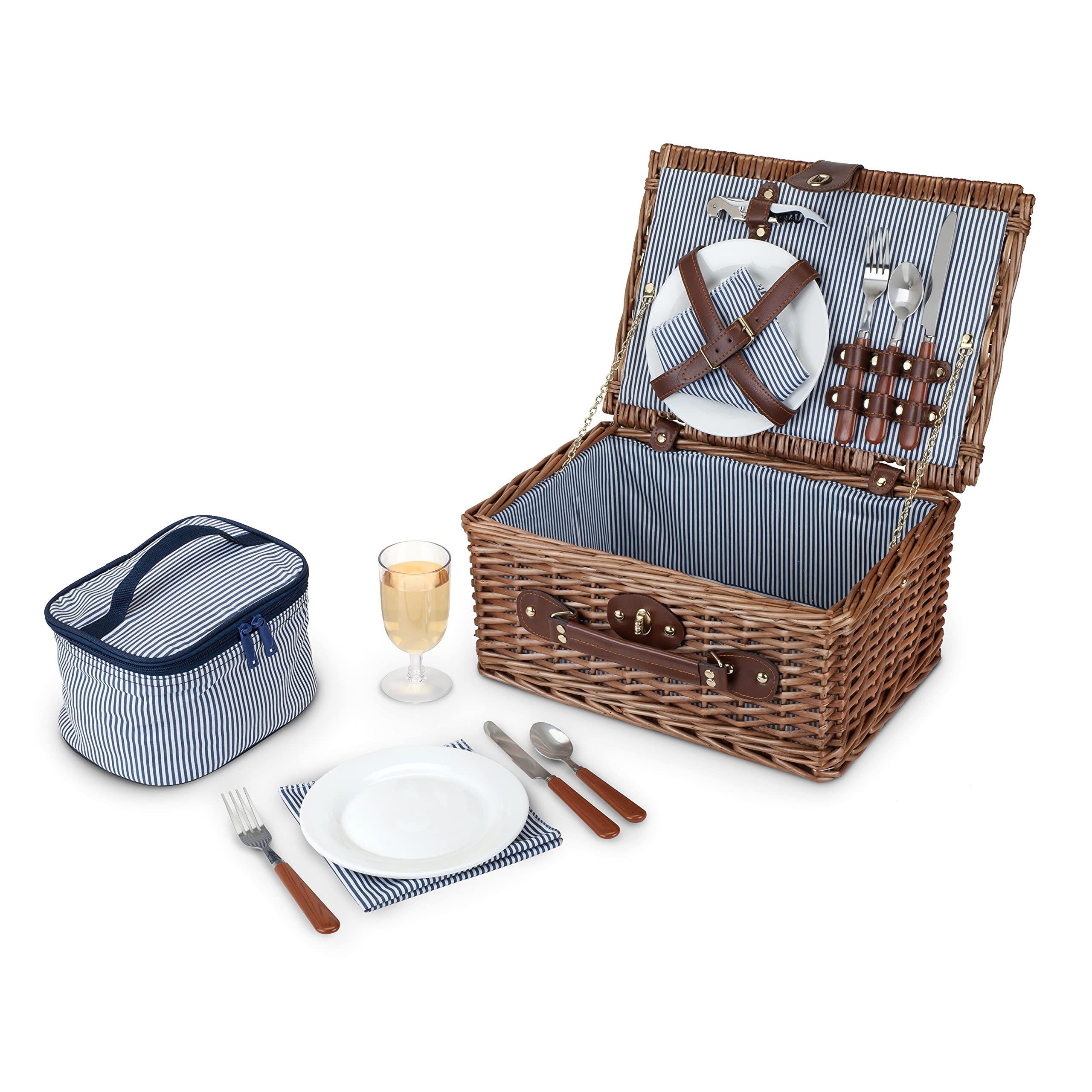 Twine Newport Picnic Basket Set - Woven Wicker Hamper with Complete Place Settings, 2 Wine Glasses, Corkscrew & Insulated Compartments - Perfect for Outdoor Picnics, Beach Trips and Romantic Dates (Brown, 1-Piece Set)