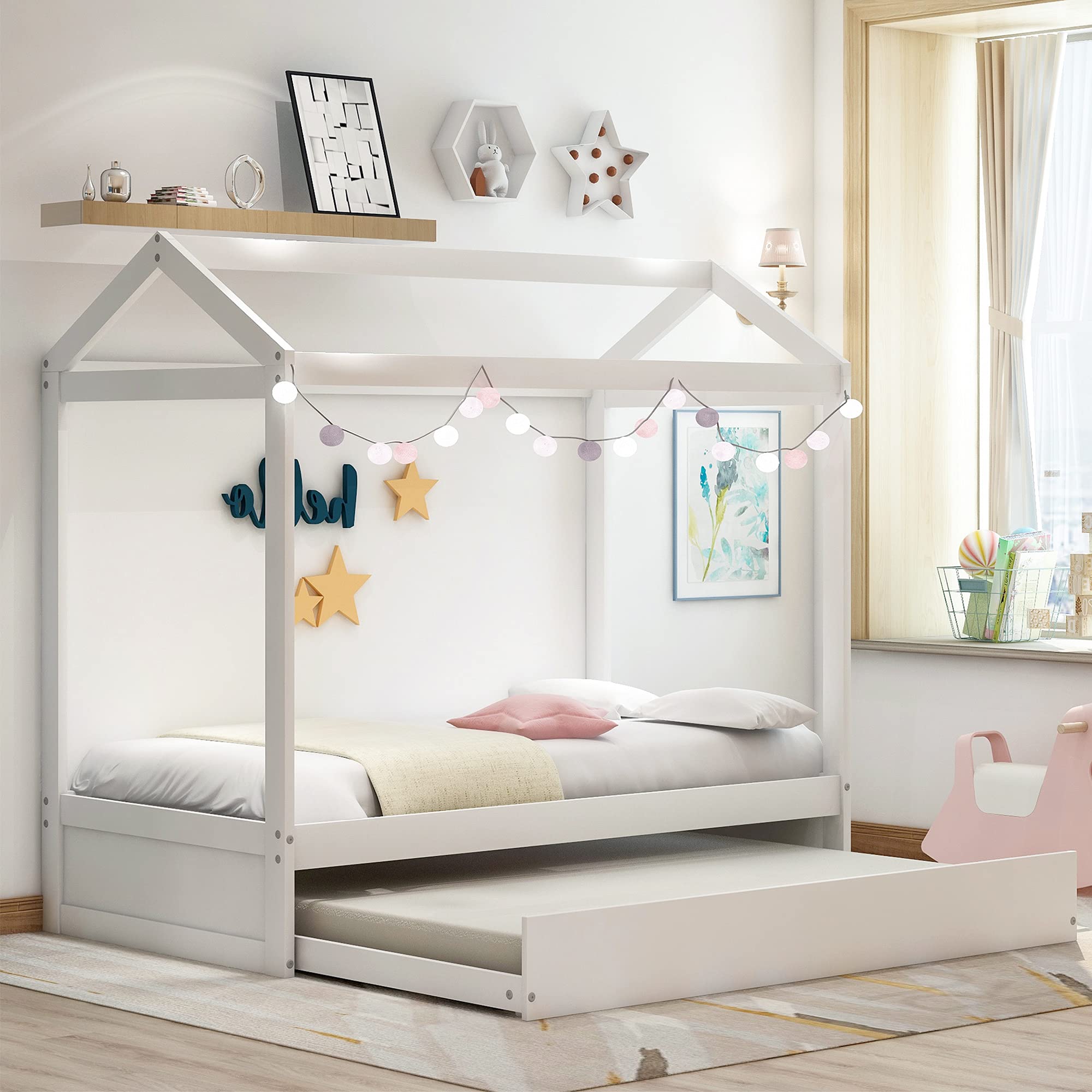 Bellemave Twin House Bed with Trundle - Kids Playhouse Bed with Roof - Twin Size Toddler Daybed Frame for Boys & Girls - White - Perfect for Bedrooms, Playrooms & Sleepovers