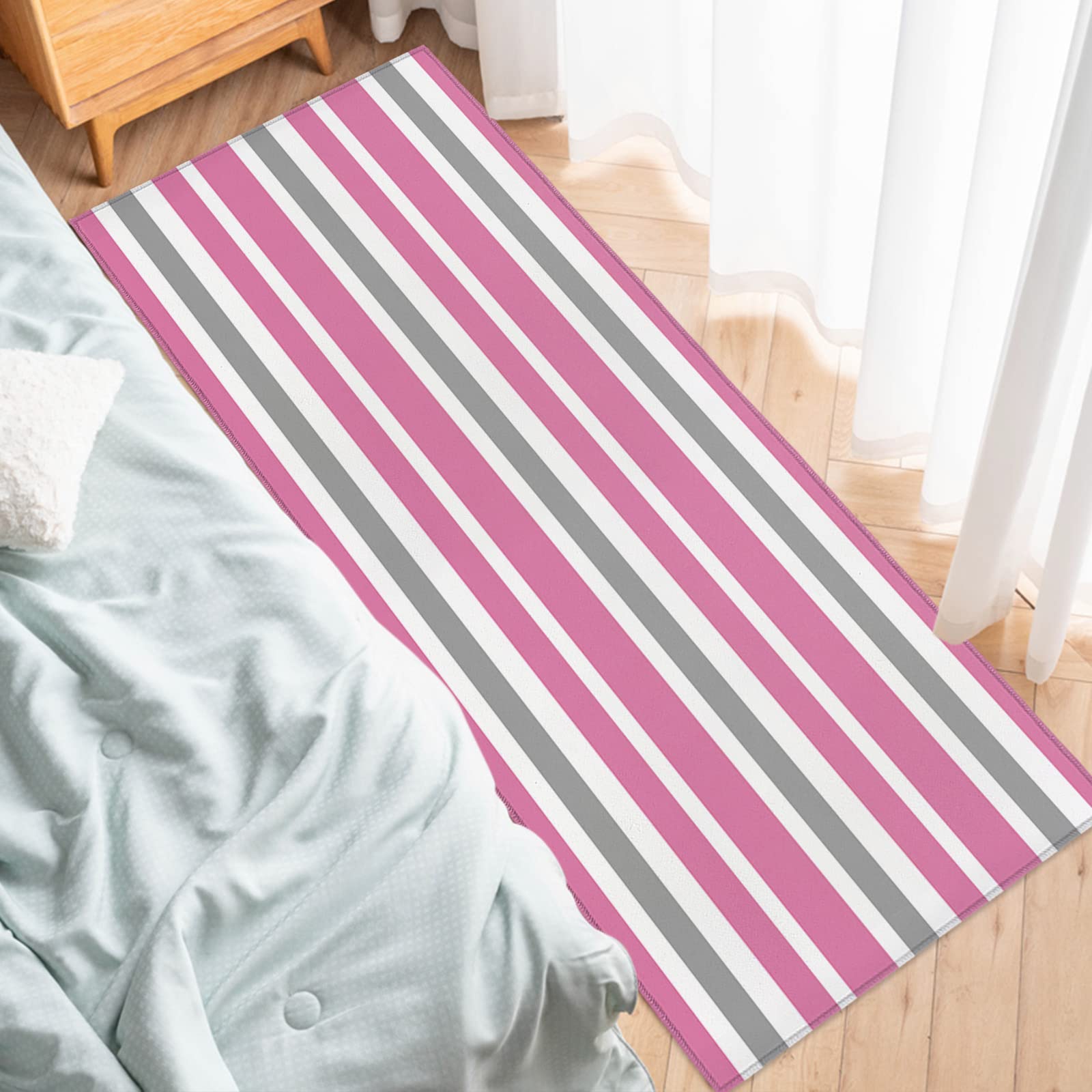 24x71 Inch Stripes Door Mat - Ultra Absorbent Non-Slip Doormat for Mud & Dirt, Washable Indoor/Outdoor Rug in Classic Pink Gray & White Pattern - Perfect for Porch, Front Door, and Home Entryway