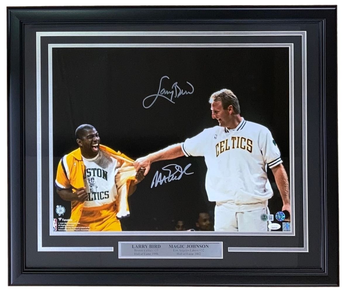 Larry Bird & Magic Johnson Autographed Celtics Shirt Pull Photo - 16x20 Framed with JSA & BAS COA - Perfect for Basketball Memorabilia Collectors and Sports Man Cave Decor