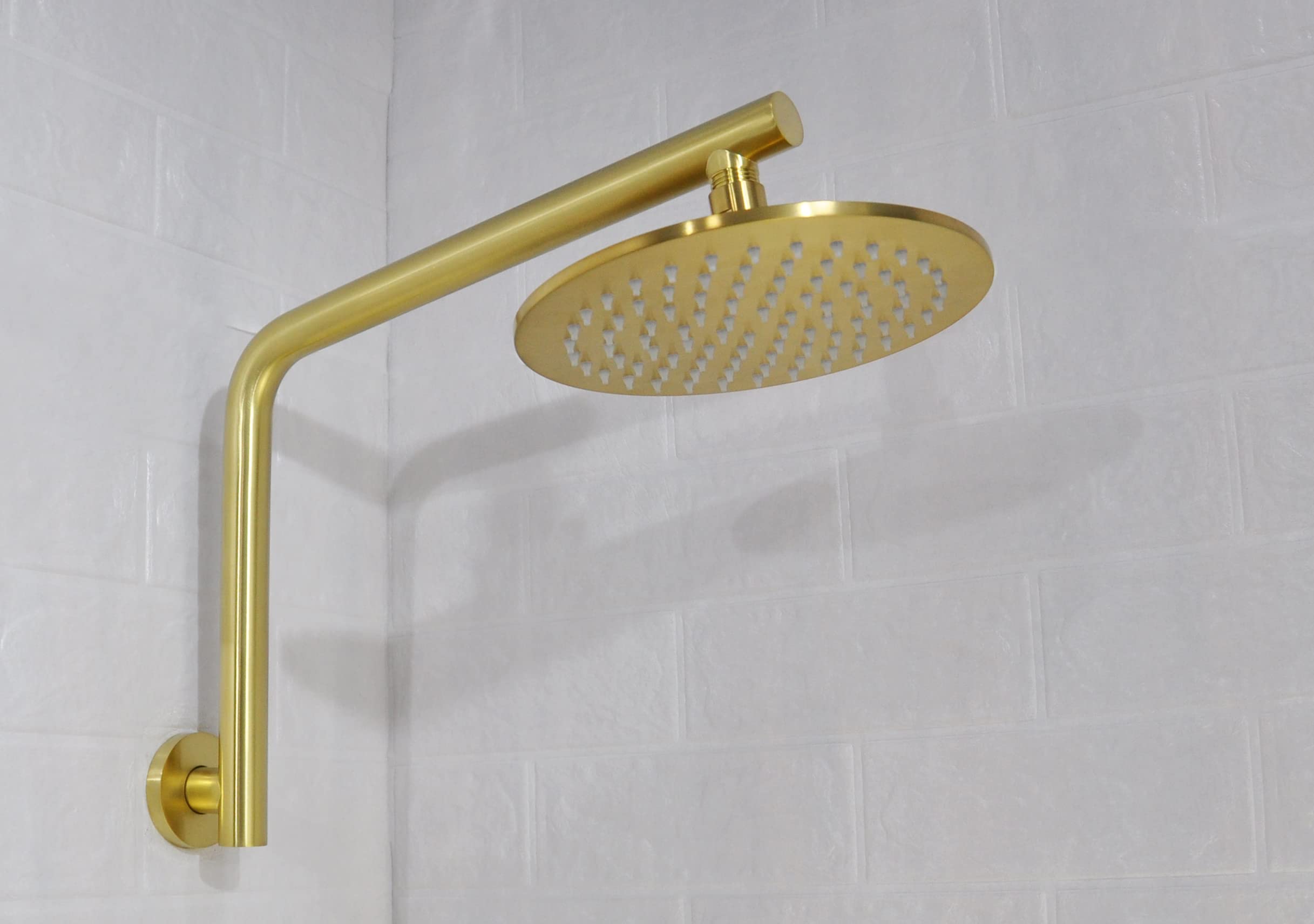 Aquaiaw 12.6 Inch Solid Brass High Rise Shower Arm & 8 Inch 304 Stainless Steel Shower Head Set - Brushed Gold Round Shower System for Bathroom Renovation & Luxury Spa Experience