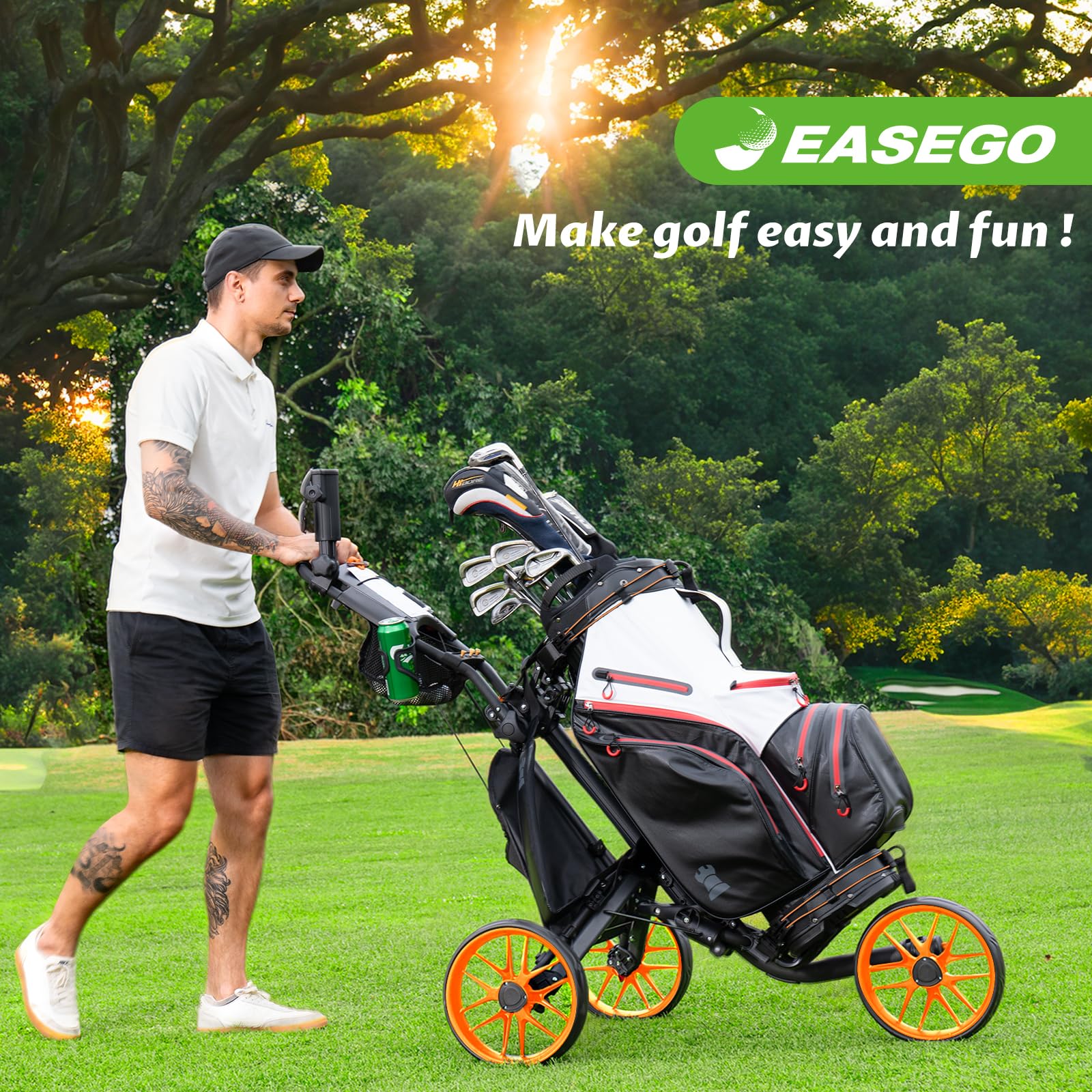 **3 Wheel Golf Push Cart - Foldable Golf Bag Caddy with Phone Holder, Cup Holder & Umbrella Holder | Compact & Quick Fold Design | Large Wheelbase for All Terrains | Perfect for Golfers, Seniors & Beginners**    *(Use Case: Ideal for golf courses, practice ranges, or casual strolls – lightweight, portable, and easy to store!)*