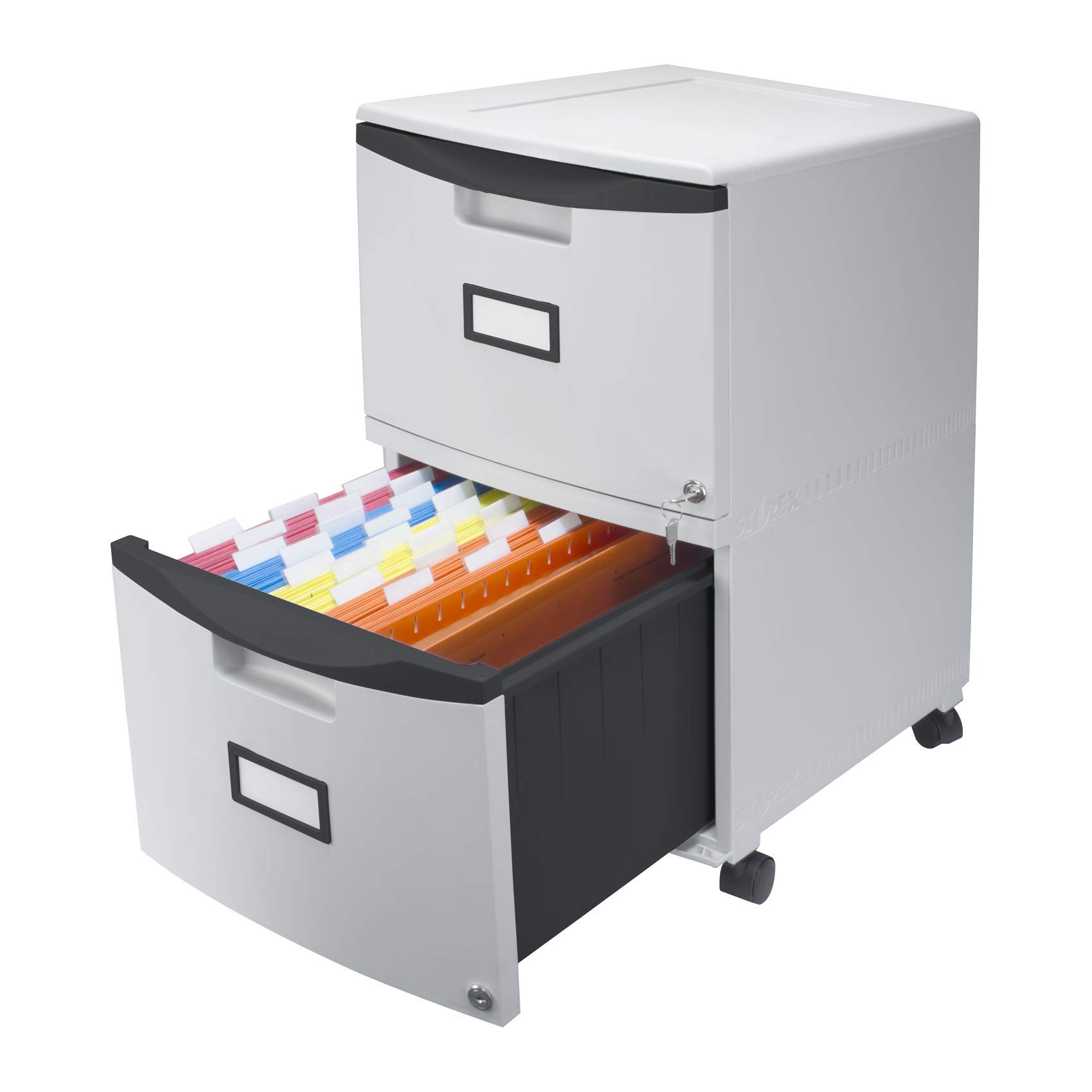 Storex Plastic 2-Drawer File Cabinet with Lock & Wheels - Gray Document Organizer for Home, Office, School (1-Pack) - Perfect for Storing Files, Folders & Office Supplies in Small Spaces