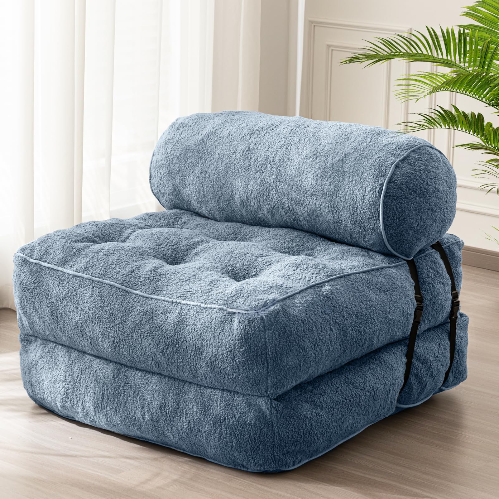 MAXYOYO Folding Sofa Bed - Convertible Boucle Sleeper Chair with Bolster Pillow | Multi-Functional Floor Sofa Lounge for Living Room, Bedroom & Small Spaces | Dusty Blue | Perfect for Guest Sleeping, Relaxing & Space Saving