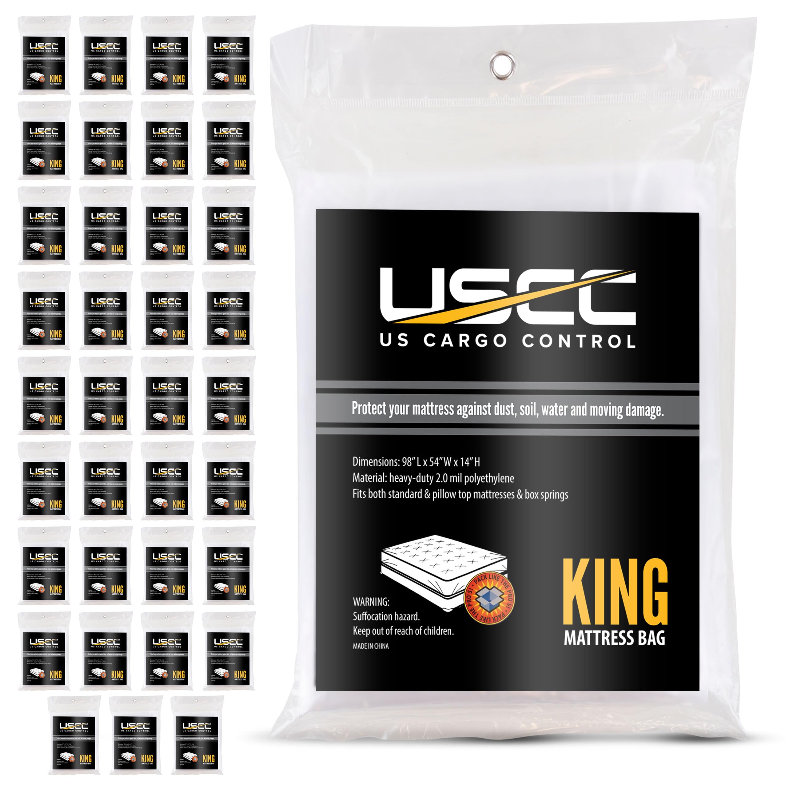 US Cargo Control Mattress Bag for Moving and Storage - Clear 2.0 Mil Plastic Mattress Cover Protects Queen & King Size Mattresses | Durable Disposal Mattress Protector for Moving (36 King Mattress Bags) | Perfect for Home Relocation, Long-Term Storage & Mattress Disposal
