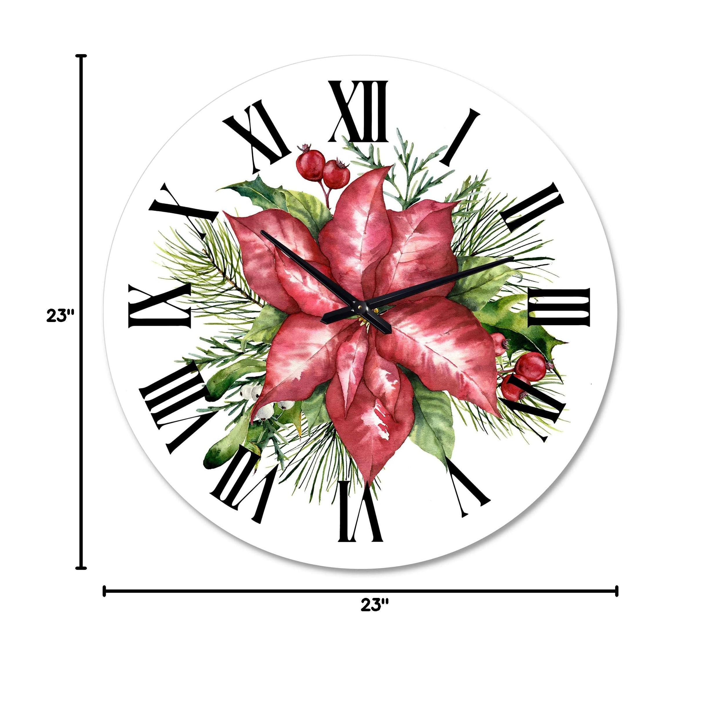 DesignQ Traditional Wall Clock - Large Floral & Botanical Wall Decor with Holly Mistletoe Berries & Christmas Fir Branch III - Perfect for Living Room, Bedroom, and Holiday Home Decoration