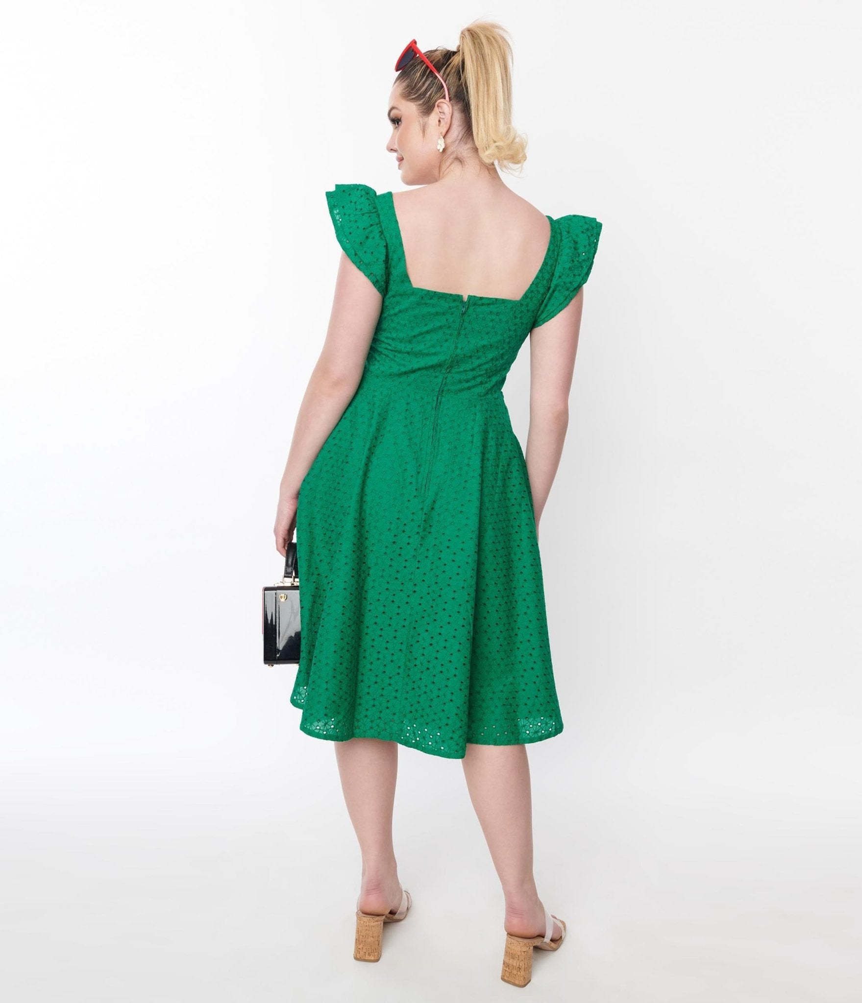 Green Eyelet Ruffle Sleeve Swing Dress - Flowy Summer Dress for Women | Perfect for Beach Vacations, Garden Parties & Date Nights