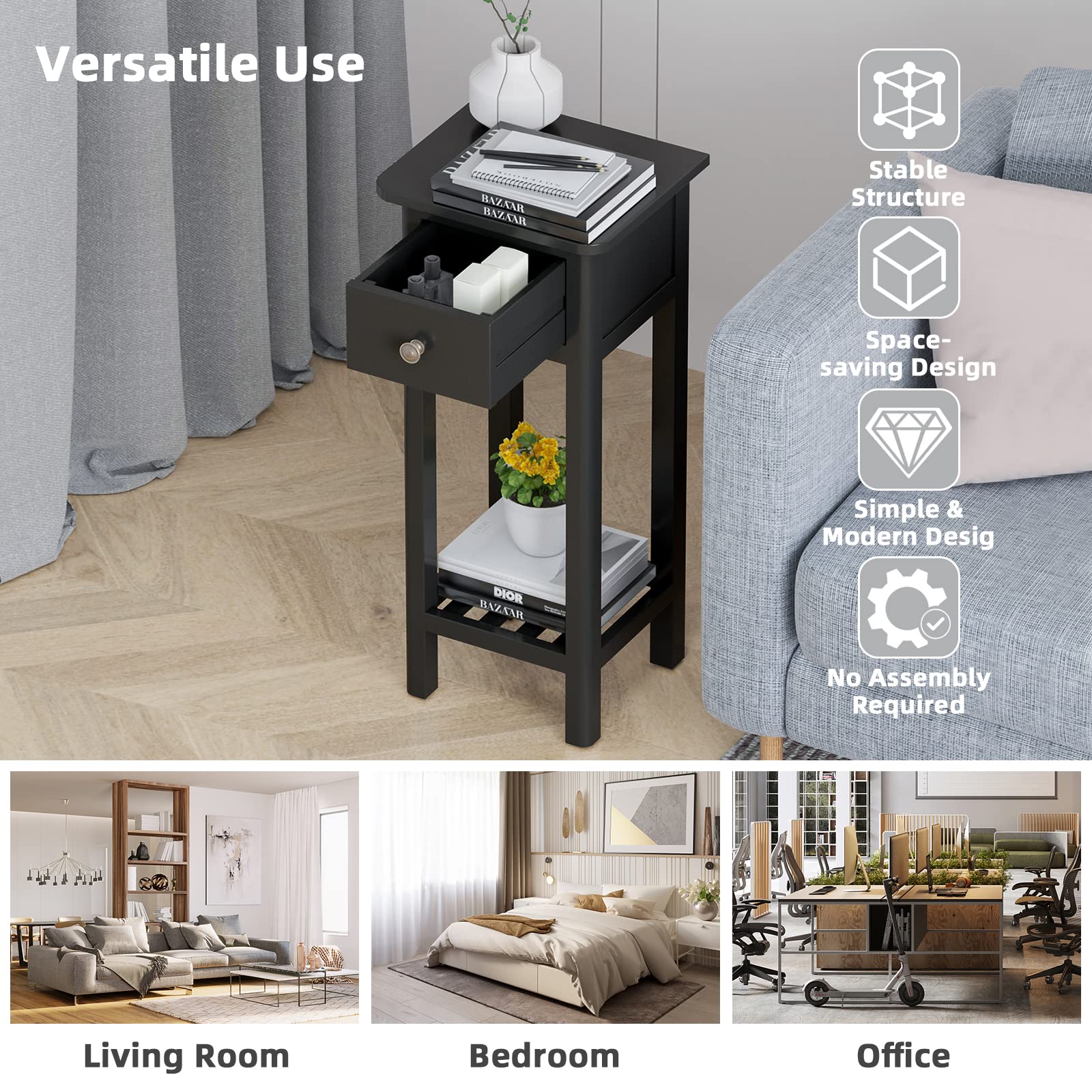 Giantex Set of 2 Tall Narrow End Tables with Drawer and Shelf - Acacia Wood Nightstand & Bedside Table for Small Spaces - No Assembly Required Black - Perfect for Living Room, Bedroom & Apartment Decor