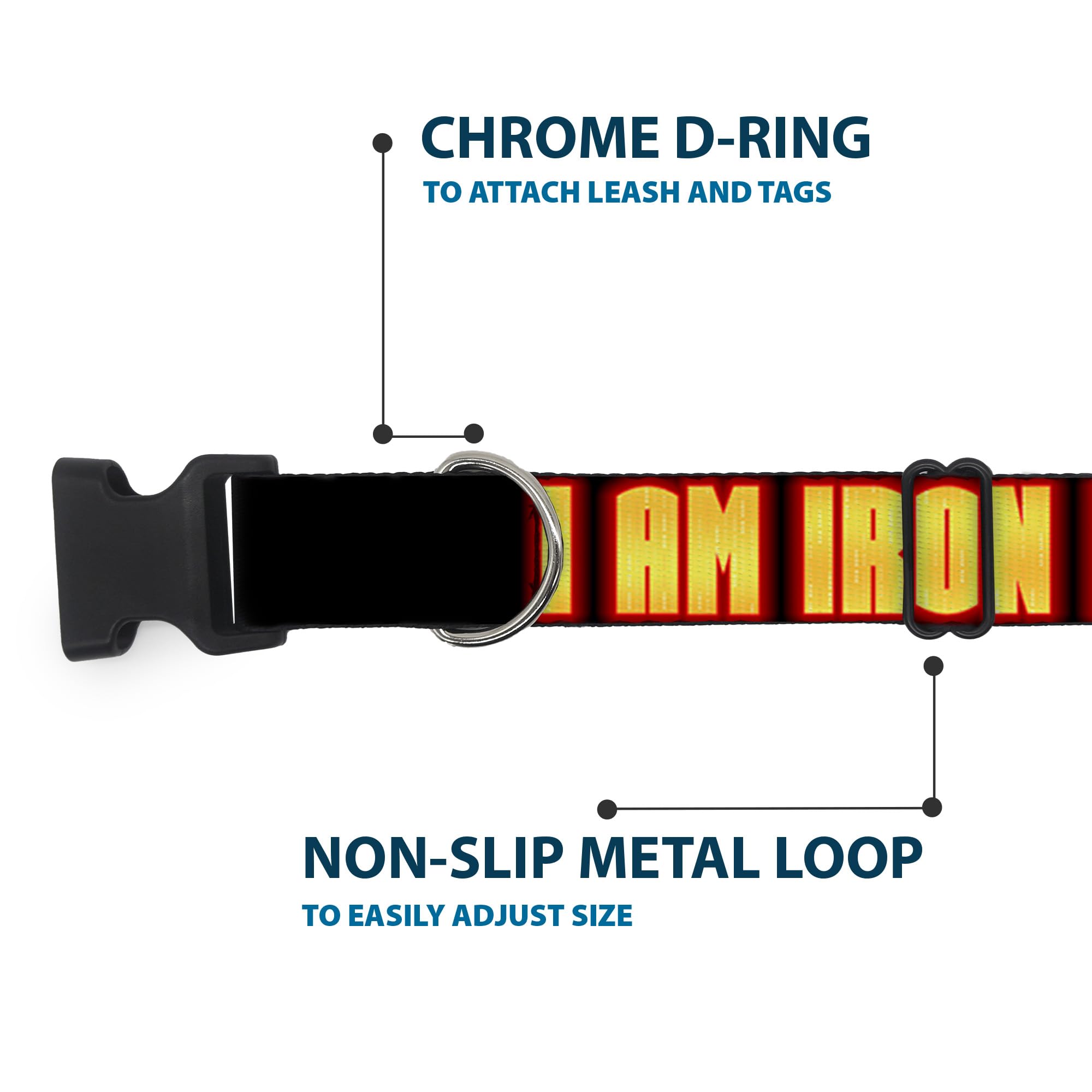 Iron Man Dog Collar with Plastic Clip - Black & Yellow Glow, 11-17 Inches, 1.0 Inch Wide | Marvel Superhero Pet Accessory for Cosplay & Daily Walks