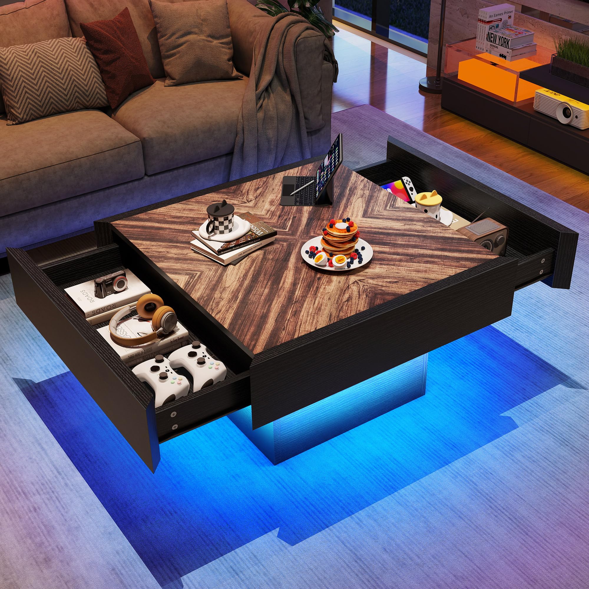 YITAHOME Farmhouse Square Coffee Table with LED and Storage - Modern Wood Living Room Table with 2 Drawers in Black & Brown - Perfect for Small Spaces, Apartments, and Cozy Home Decor