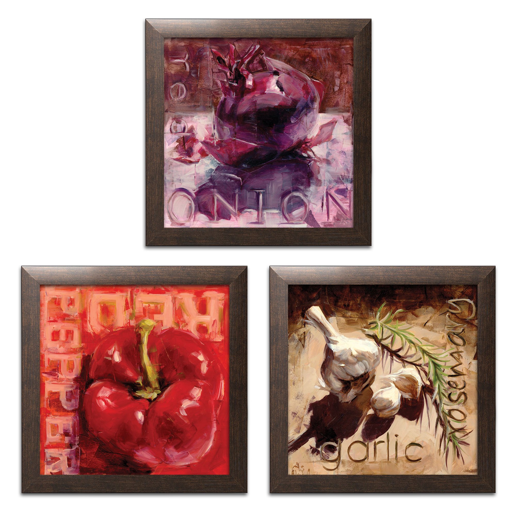 Modern Red Pepper, Red Onion & Garlic Rosemary Framed Art Prints Set of 3 - 12x12 Inches Brown Frames - Ready to Hang - Kitchen Wall Decor for Home, Restaurant & Cafe
