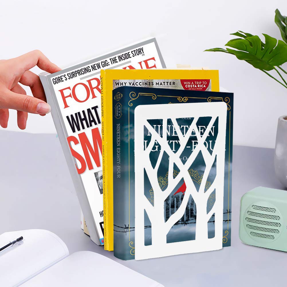 Metal Bookends for Heavy Books - Decorative White Book Shelf Holders (1 Pair) - Perfect for Home, Office & Library Organization