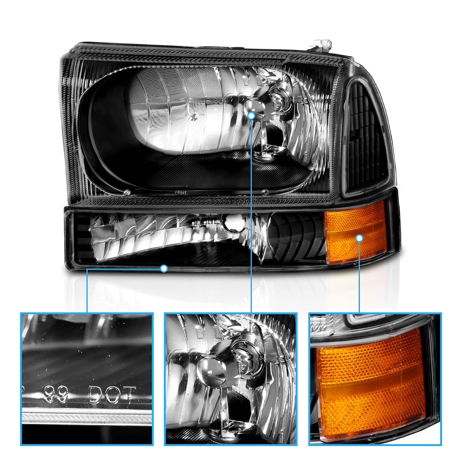 AmeriLite OE Black Headlights Set for Ford Excursion/Super Duty Trucks 1999-2004 - Upgrade Your Night Driving