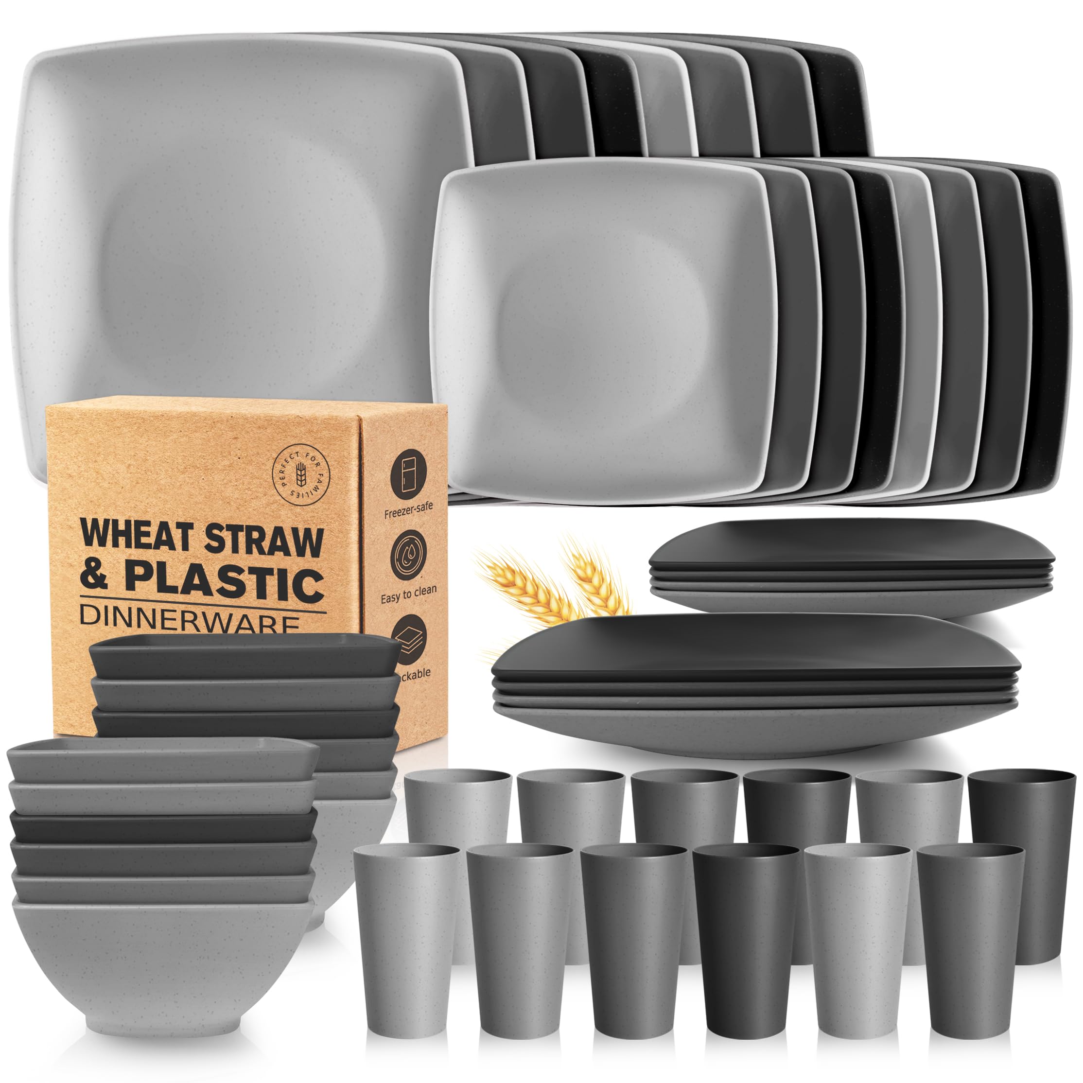 Teivio 48-Piece Wheat Straw Square Dinnerware Set for 12 - Unbreakable Dinner Plates, Salad Plates, Snack Bowls & 13.5oz Tumblers | Dishwasher Safe Gray Ombre | Eco-Friendly Tableware for Parties, Picnics & Everyday Use
