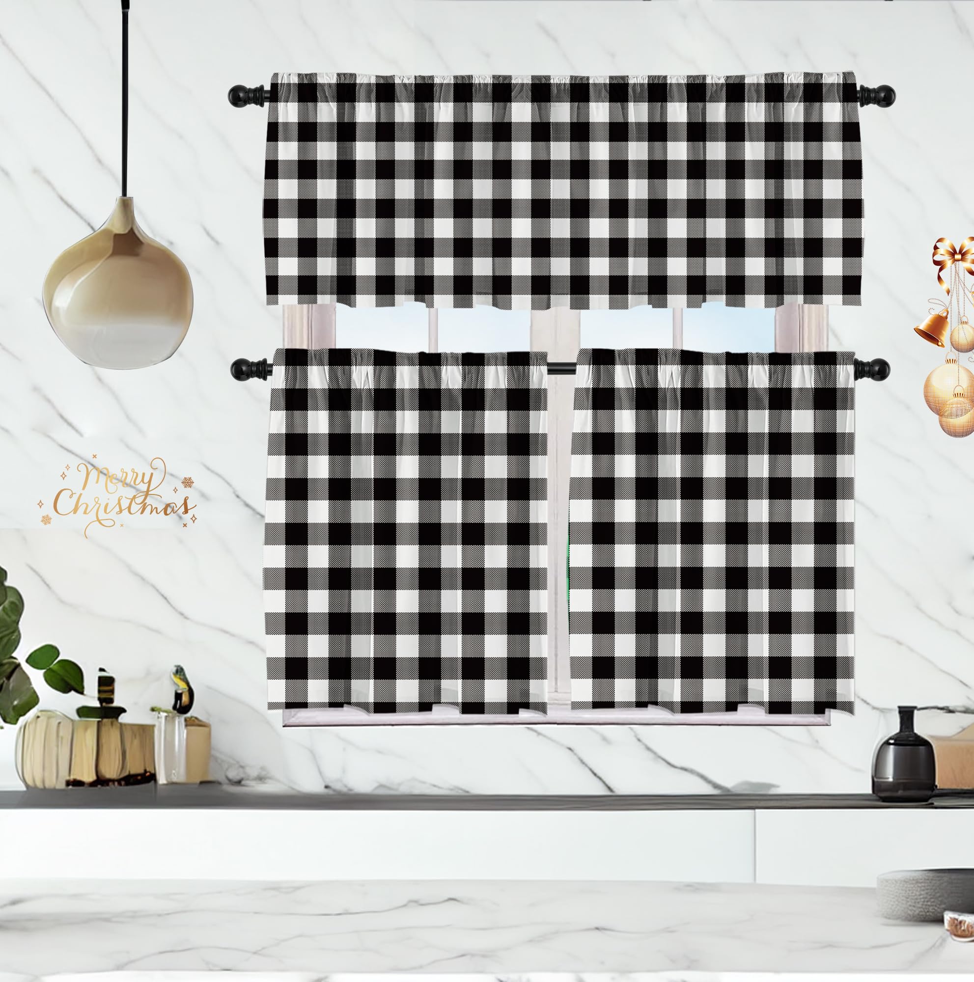 Buffalo Check Black and White Farmhouse Kitchen Window Curtains Set - Tier Curtains & Valances with Rod Pocket for Rustic Home Decor, Perfect for Country Style Kitchens, Dining Rooms and Cozy Farmhouse Windows