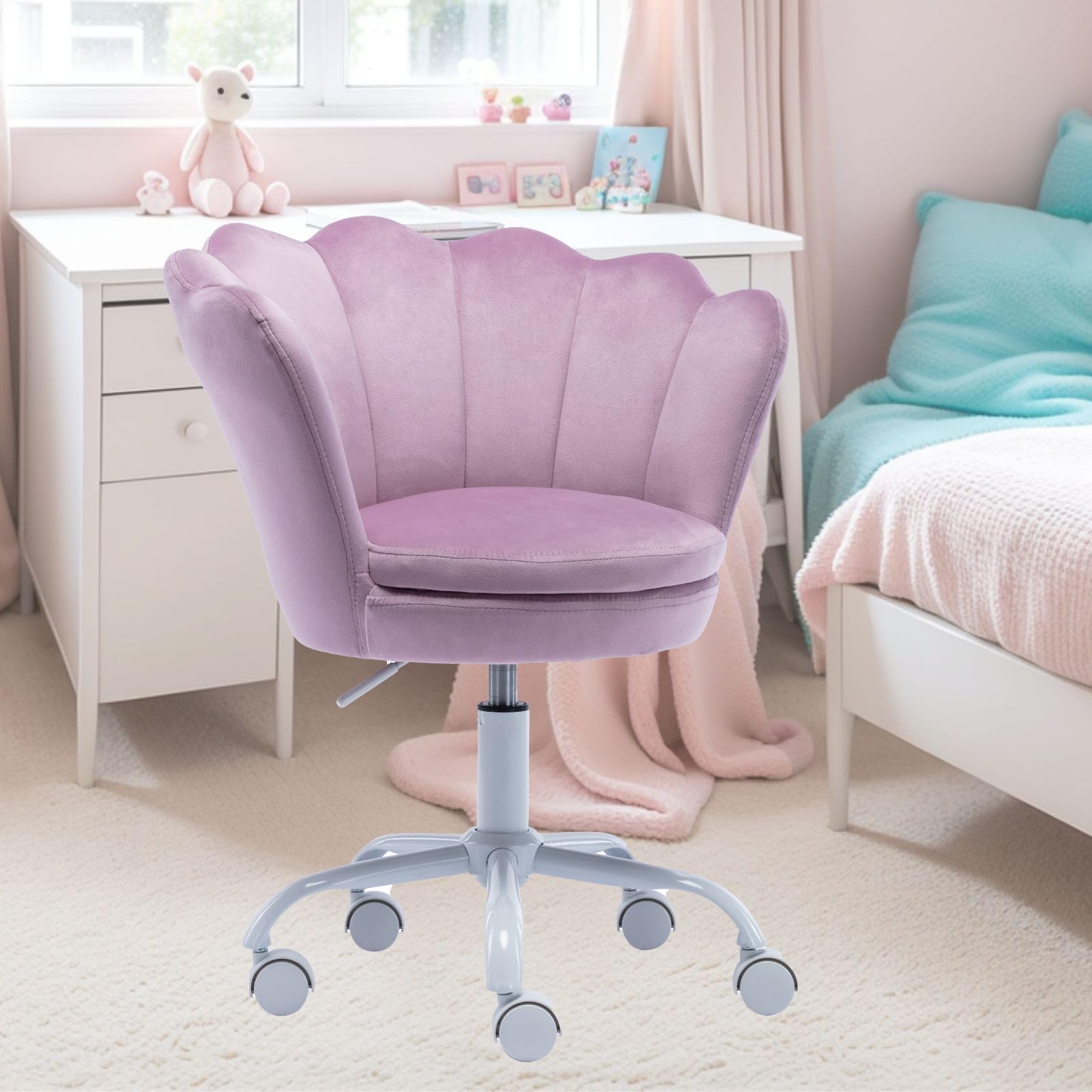 Kids Desk Chair With Wheels - Cute Petal Study Computer Chair With Arms, Upholstered Velvet Task Chair for Teen Girls, Swivel Rolling Chair for Bedroom & Vanity (Purple) - Perfect for Study, Gaming & Makeup Station