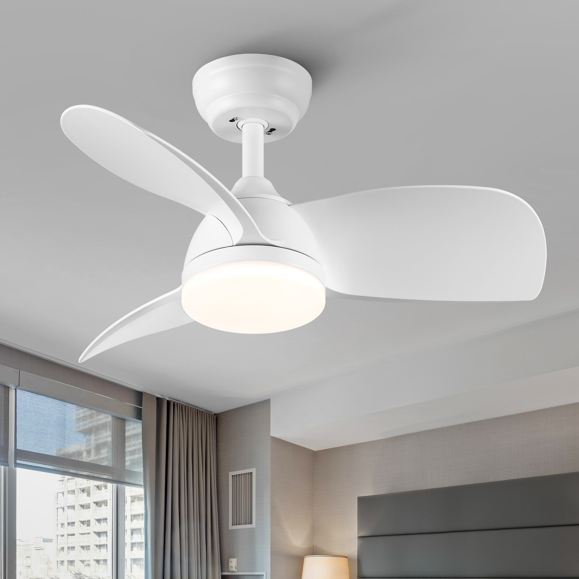 28 Inch Integrated LED Ceiling Fan with White ABS Blades - Energy Efficient Cooling & Lighting for Bedroom, Living Room, and Office Spaces