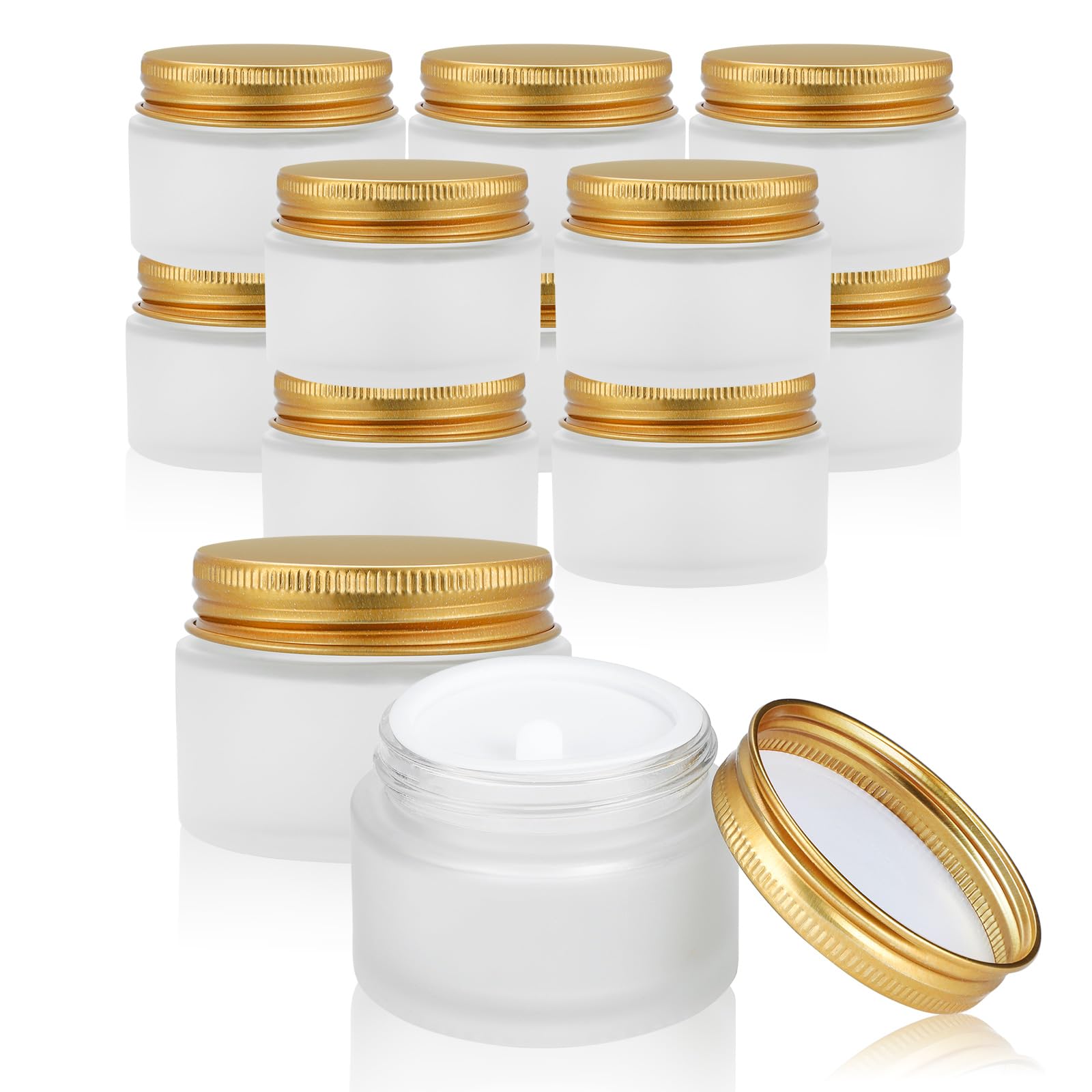 12-Pack 1oz Glass Jars with Golden Lids - Frosted Cosmetic Containers with Inner Liners & Labels - Small Jars for Eye Cream, Lotion, Scrub (Perfect for DIY Beauty Products, Travel Toiletries & Skincare Storage)
