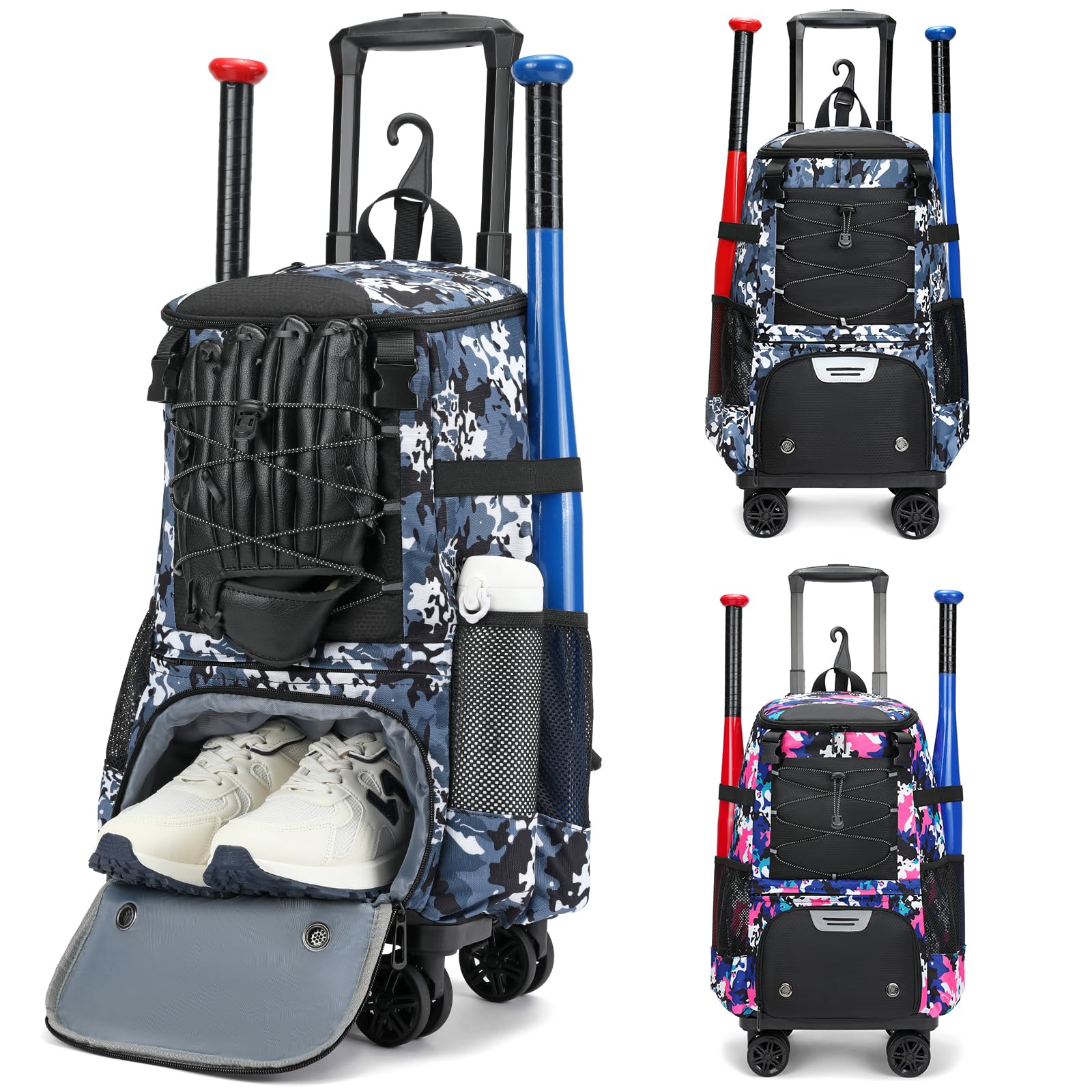 Best Rolling Baseball Bag with Fence Hook & Wheels - Large Softball Bat Bag for Adults with Shoe Compartment - Perfect for Teeball, Baseball & Softball Practice, Games & Travel