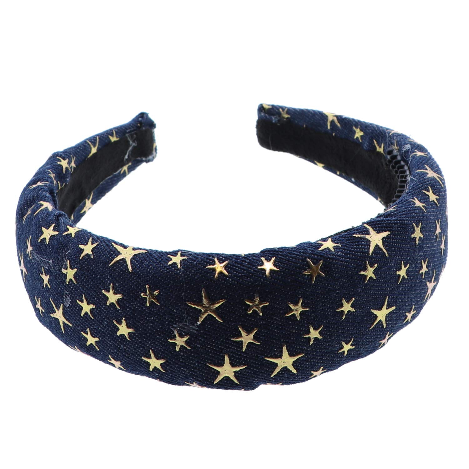 School and Everyday Wide Puffy Headband with Gold Stars - Denim Hair Accessory for Girls, Women, Teens - Perfect for School, Parties, and Fashion Outfits