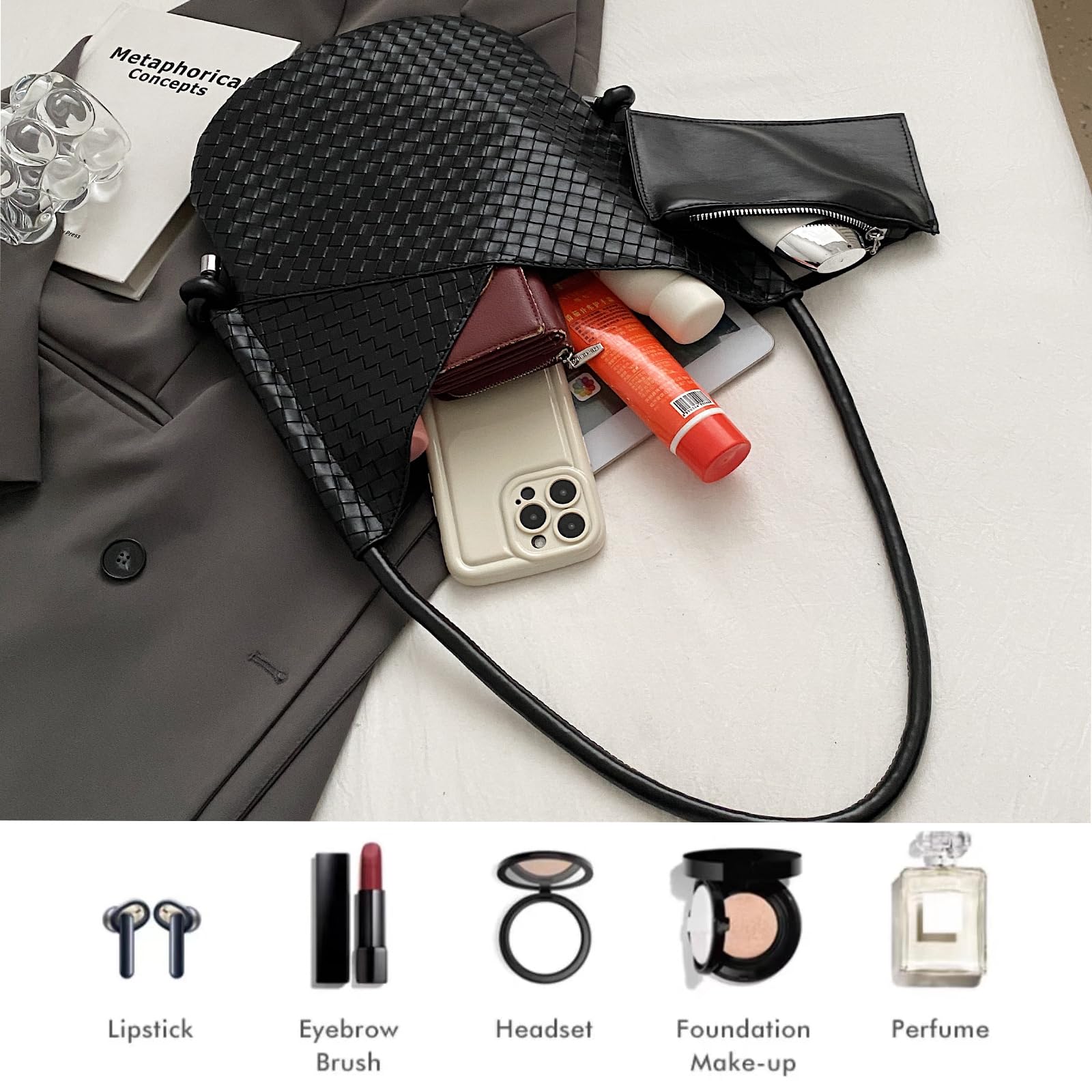 Women's Woven Leather Hobo Tote Bag - Large Capacity Shoulder Purse for Work, Travel & Daily Use (Black)