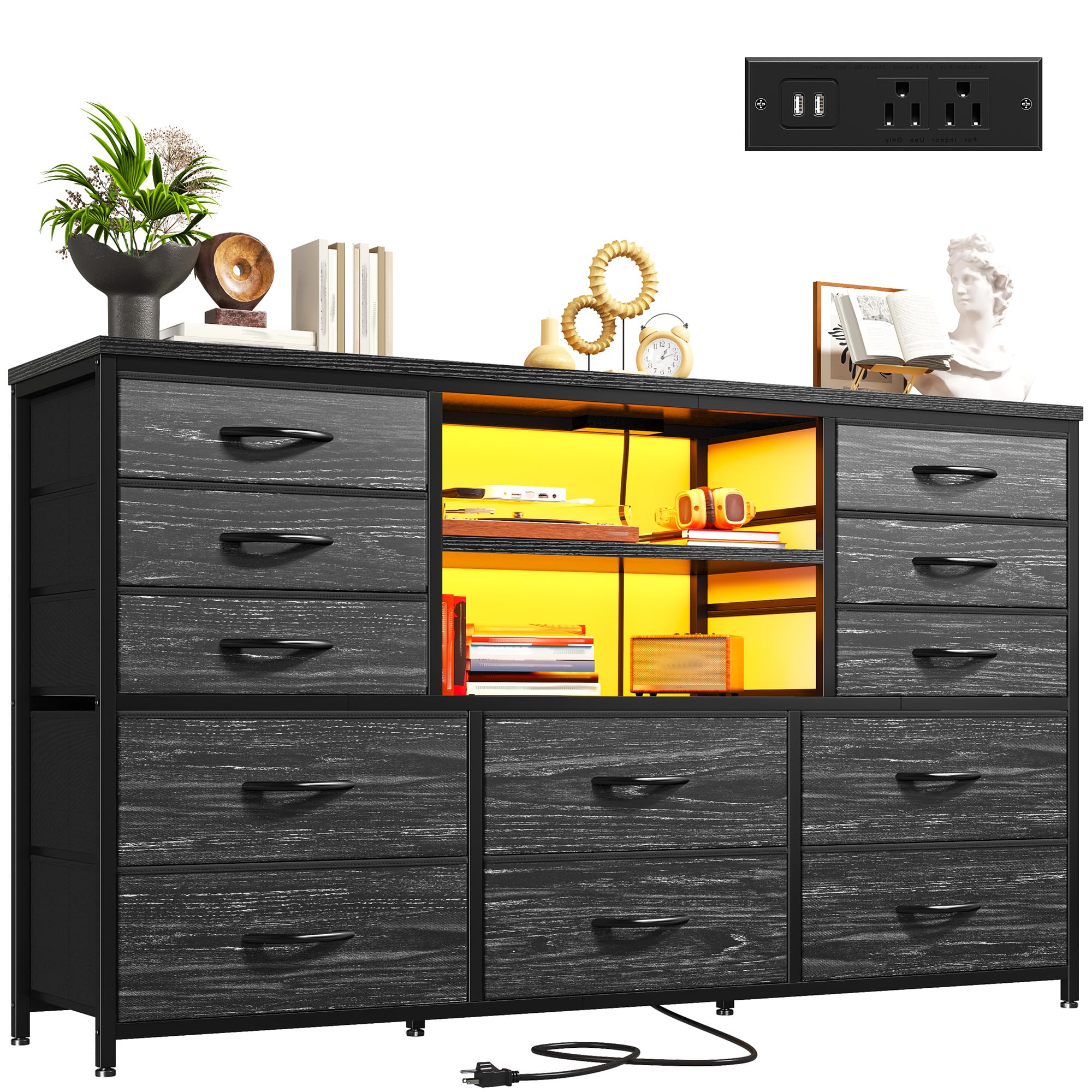 EnHomee 12-Drawer Black Dresser with LED Lights & Power Outlets - Sturdy Metal Frame TV Stand for 60'' TV, Fabric Dresser for Bedroom, Living Room, Hallway & Closet - Perfect for Home Organization & Entertainment Setup