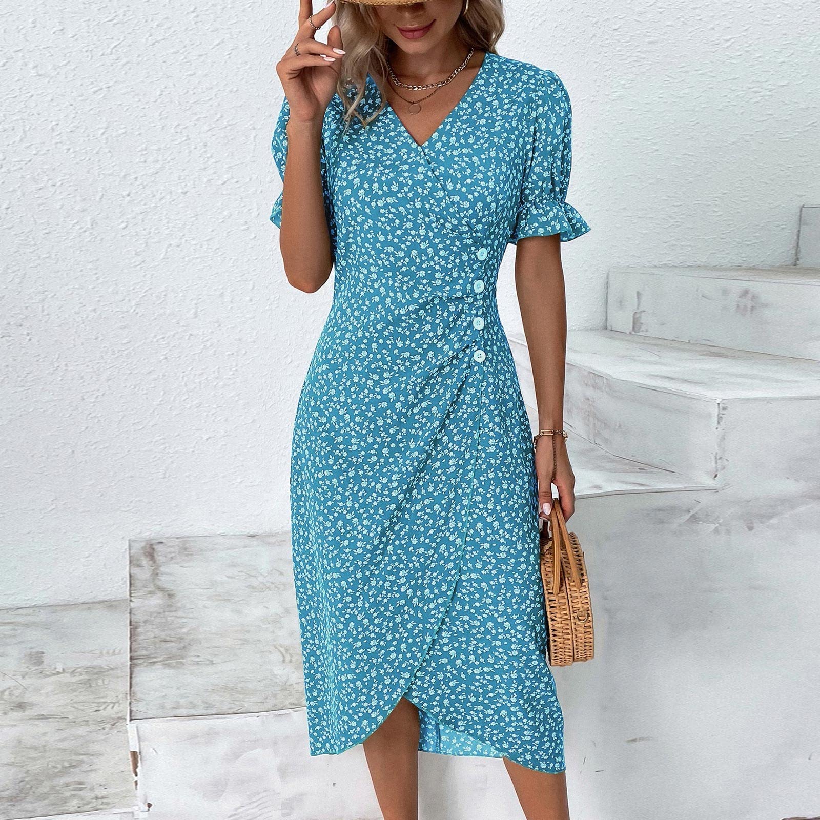 2024 Trendy Women's Beach Dresses - Elegant Wrap V-Neck Floral Boho Maxi Dress with Ruched Detail | Perfect for Summer Vacations, Hawaiian Parties & Boho Chic Outfits