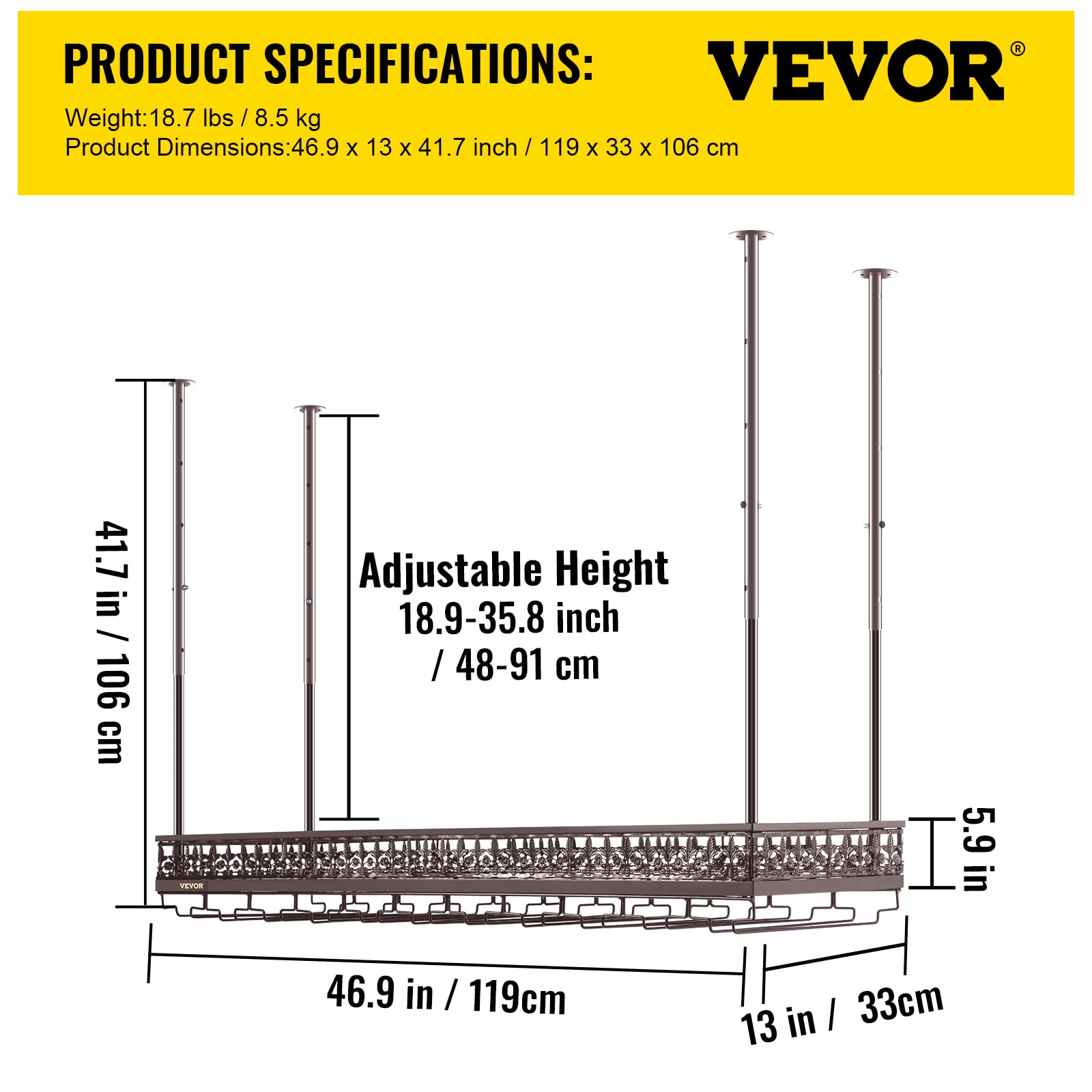 VEVOR Copper Ceiling Wine Glass Rack - 46.9 x 13 Inch Adjustable Height (18.9-35.8 Inch) - Holds 33 Glasses & 33 lbs - Modern Style for Home Bar, Restaurant, or Wine Cellar Storage