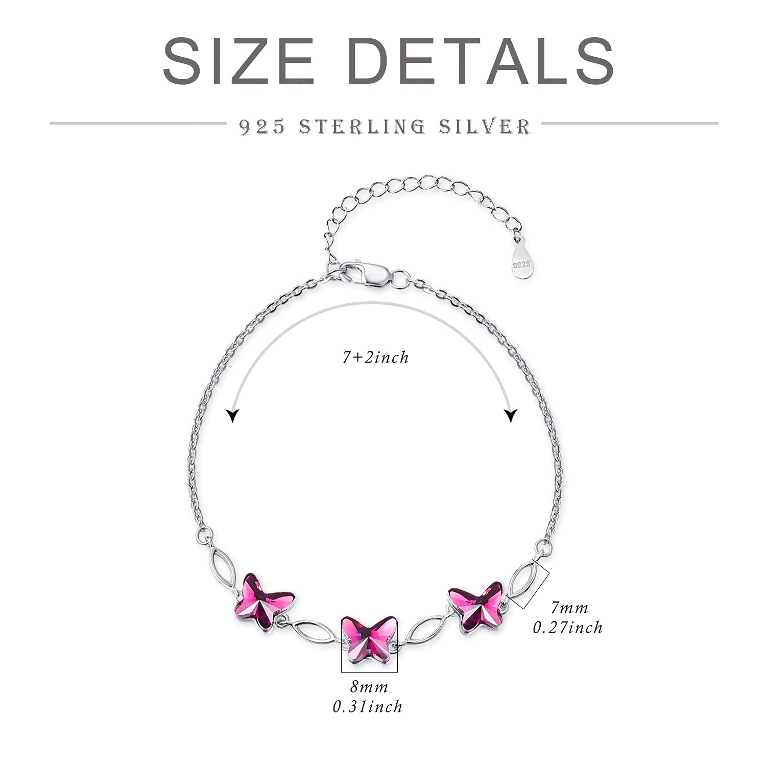 DreamBoat 925 Sterling Silver Purple Crystal Butterfly Bracelet for Women - Elegant Animal Jewelry, Dainty Crystal Bracelet, Unique Butterfly Gift for Her - Perfect for Birthday, Anniversary & Everyday Wear