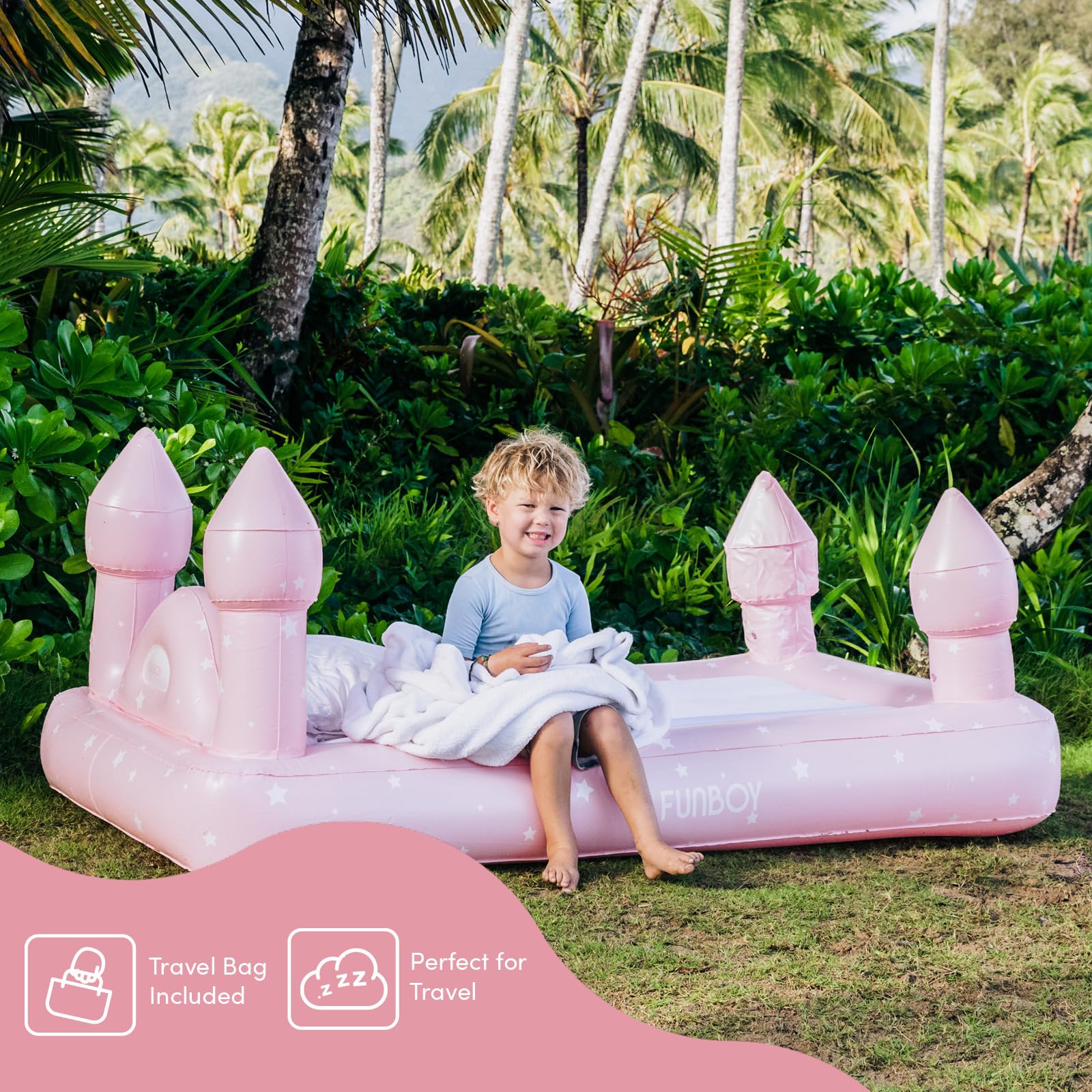 Funboy Kids Pink Castle Inflatable Travel Bed with Air Mattress - Portable Sleepover Bed for Girls, Includes Carry Bag - Perfect for Slumber Parties, Camping & Indoor Play (Twin Size)