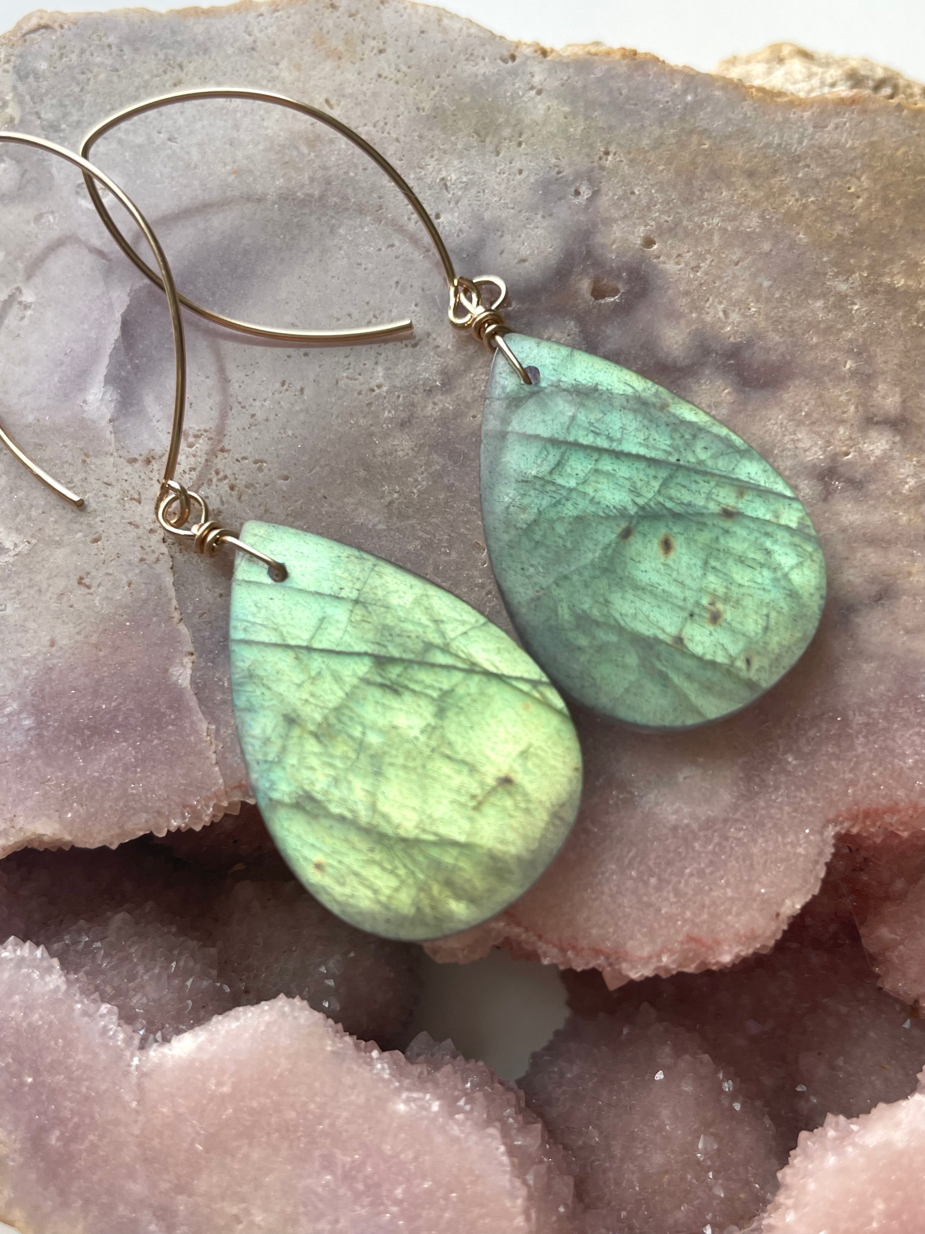 Labradorite Crystal Drop Earrings - 14K Gold Plated Dangle Earrings for Women | Elegant Boho Jewelry for Parties, Weddings & Everyday Wear