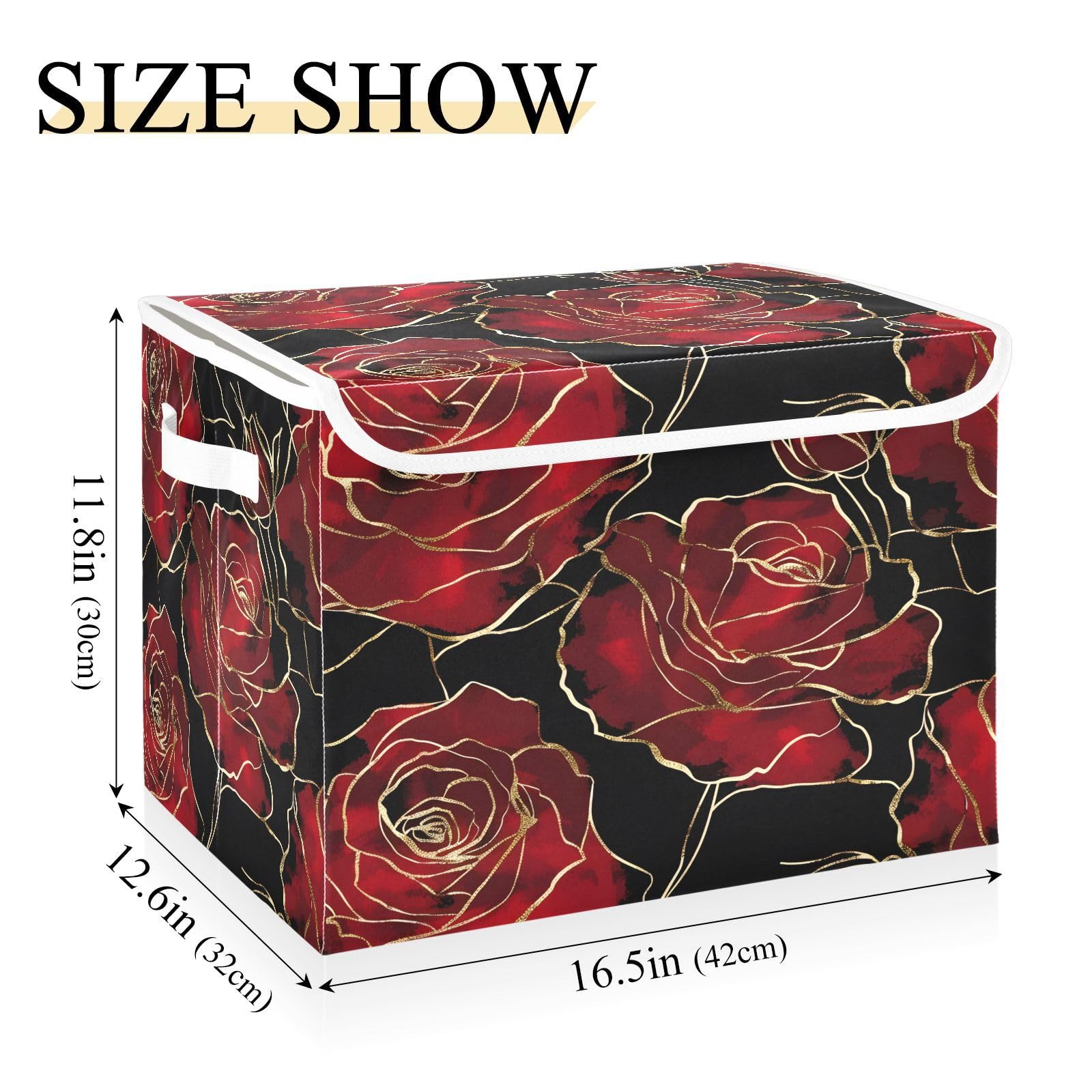 Golden Red Rose Fabric Foldable Storage Bins with Lids - Collapsible Organizer Baskets for Home, Bedroom, Closet & Office - Perfect for Clothes, Toys, Blankets & Home Organization